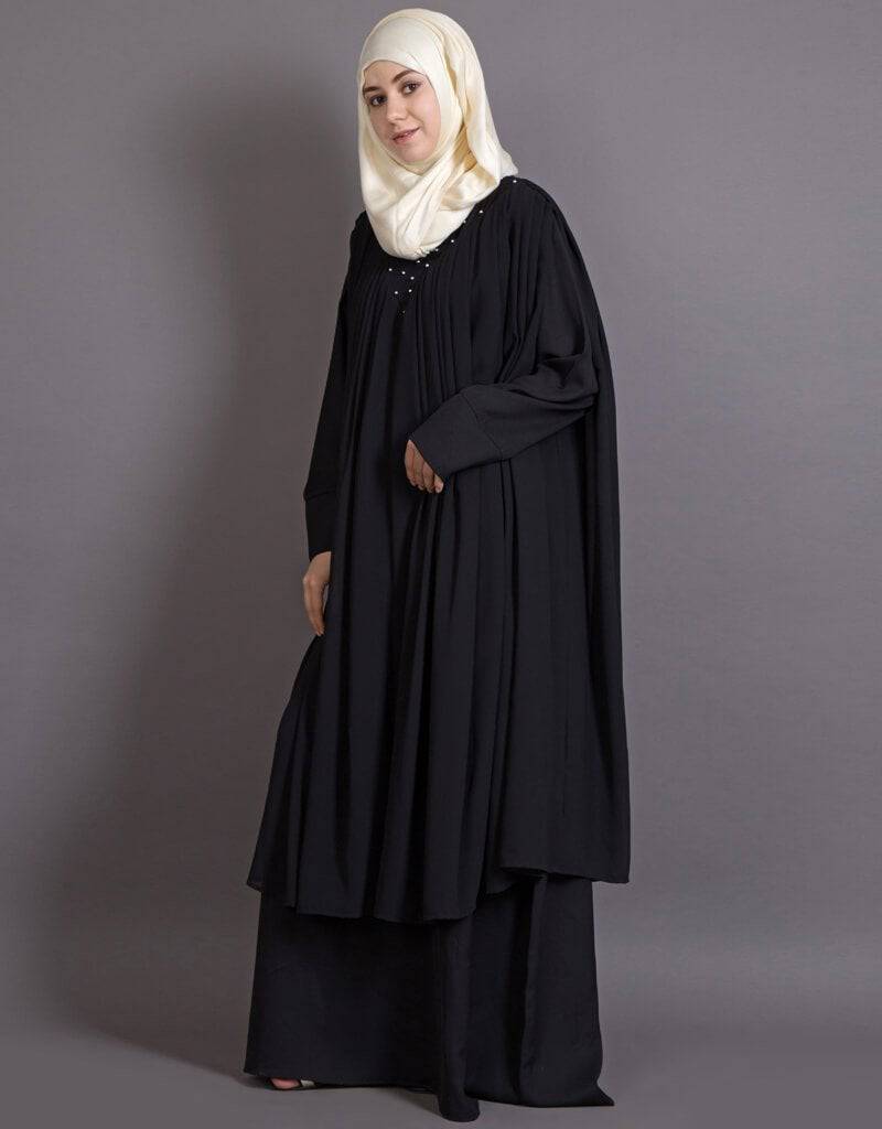 Elegant Black Arabic Embroidered Double Layer Abaya Dress for Women - Perfect for Parties, Weddings & Special Occasions