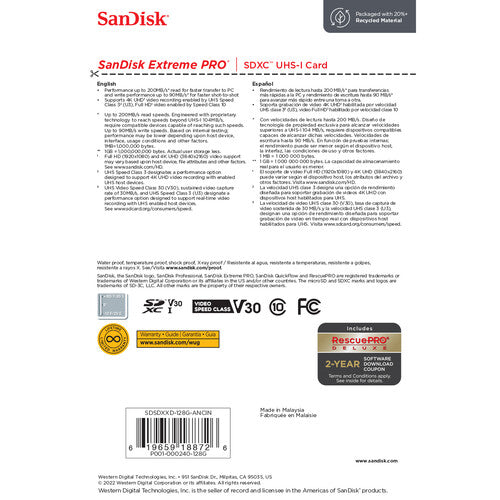 SanDisk Extreme PRO SDXC UHS-I 128GB Memory Card - 200MB/s Read Speed for 4K UHD Video, DSLR & Mirrorless Cameras - Perfect for Professional Photography & High-Speed Action Shots