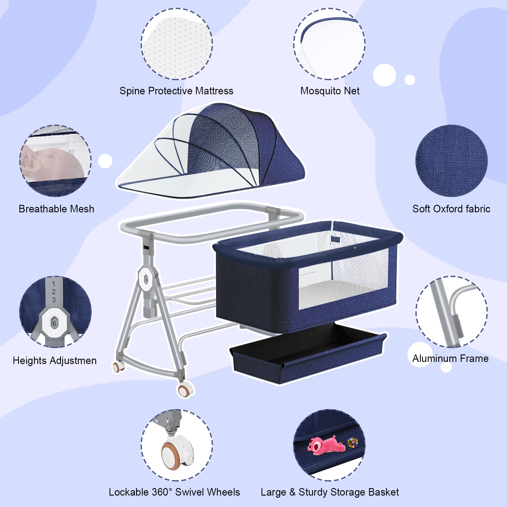 YTHFGRT 3-in-1 Adjustable Baby Bassinet Bedside Sleeper - 6 Height Levels & Auto-Lock Wheels - Portable Crib for Newborns & Infants - Perfect for Breastfeeding, Co-Sleeping & Nursery Room