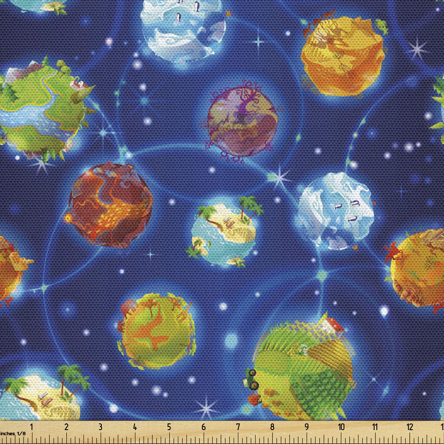Ambesonne Space Fabric by The Yard - Cartoon Galactic Theme with Earth, Planets & Stars - Cobalt Blue Decorative Fabric for Upholstery, Curtains & DIY Home Decor (10 Yards) - Perfect for Kids' Rooms, Sci-Fi Themed Decor & Craft Projects