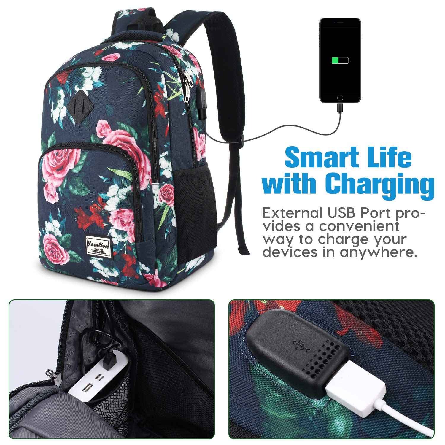 Stylish Waterproof Backpack for Teen Girls & Women - USB Charging Port, Large Capacity School & College Backpack with Floral Design - Perfect for School, Travel, and Daily Commute