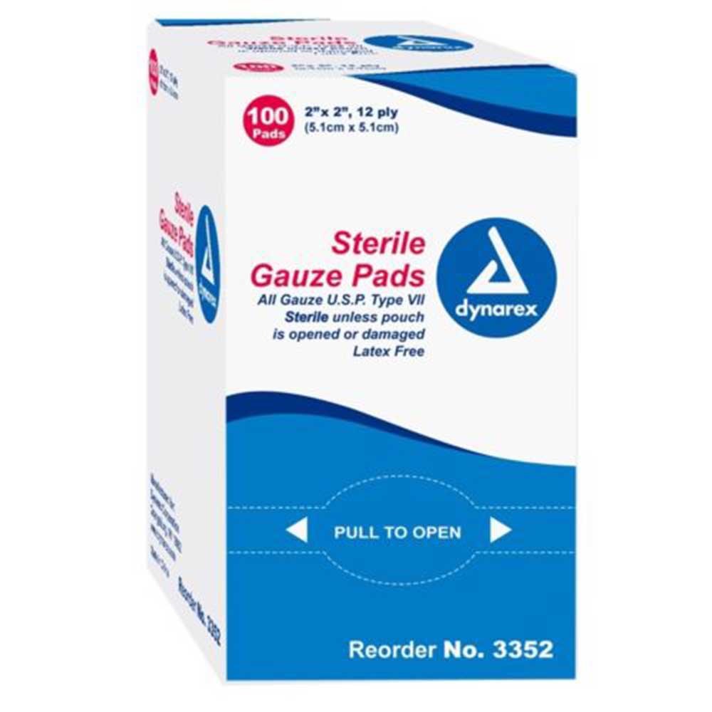 Dynarex Sterile Gauze Pads 2x2 Inches | 12-Ply Wound Dressing | Box of 100 | First Aid Supplies for Home, Clinic & Emergency Kits