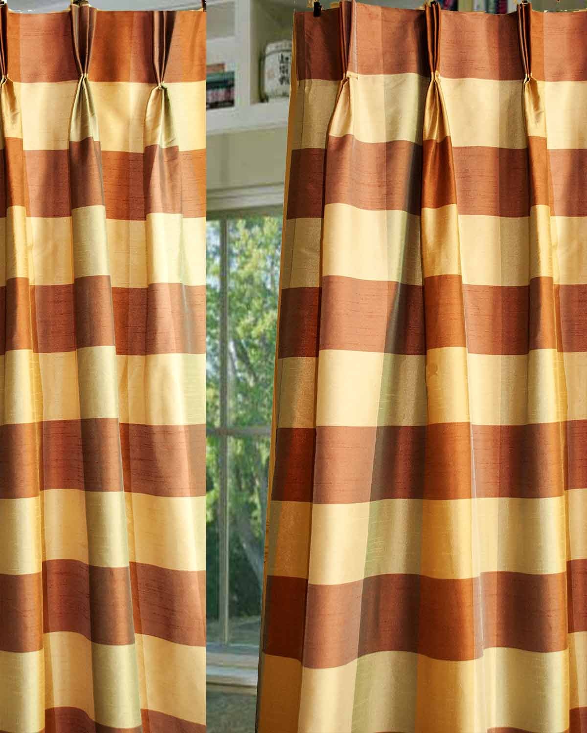 Gold & Copper Buffalo Check Faux Silk Pinch Pleated Blackout Curtain Panel - 52x120 Inches, Thermal Insulated Lined Window Drapes for Bedroom & Living Room - Elegant Farmhouse Style Home Decor