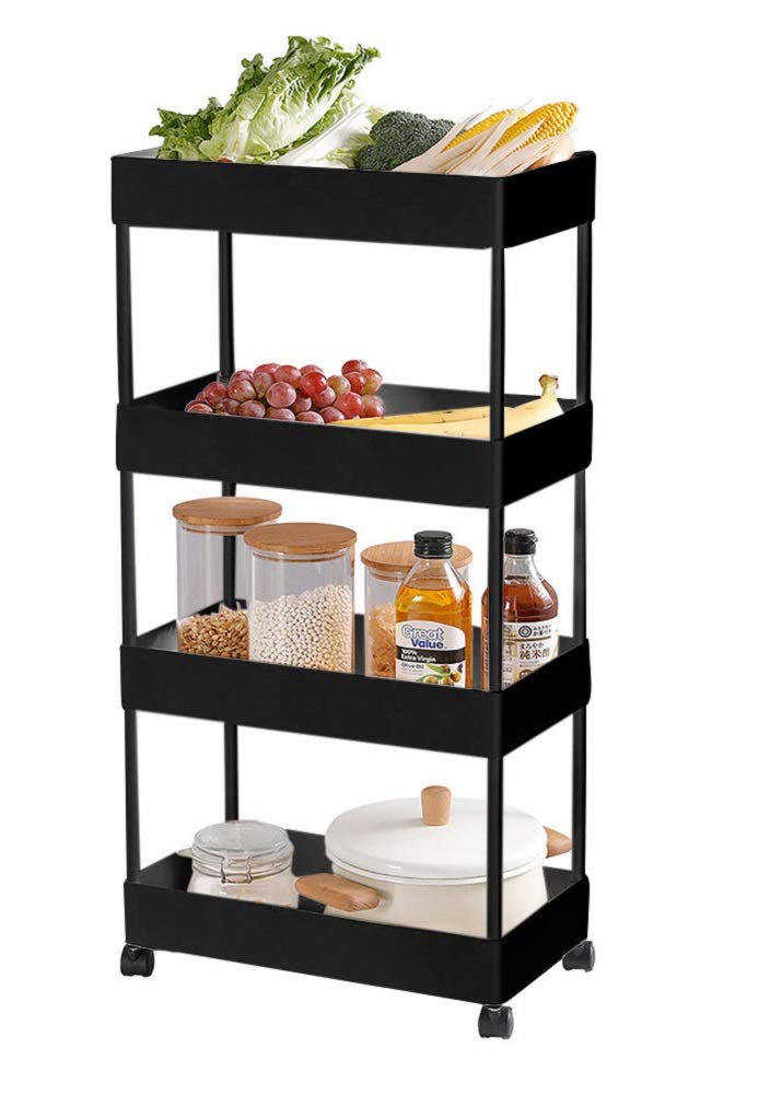 4-Tier Rolling Storage Cart with Wheels - Slide Out Utility Organizer for Kitchen, Bathroom & Laundry - Hollow Carved Basket Shelf Rack - Black (Ideal for Small Space Organization & Mobile Storage)