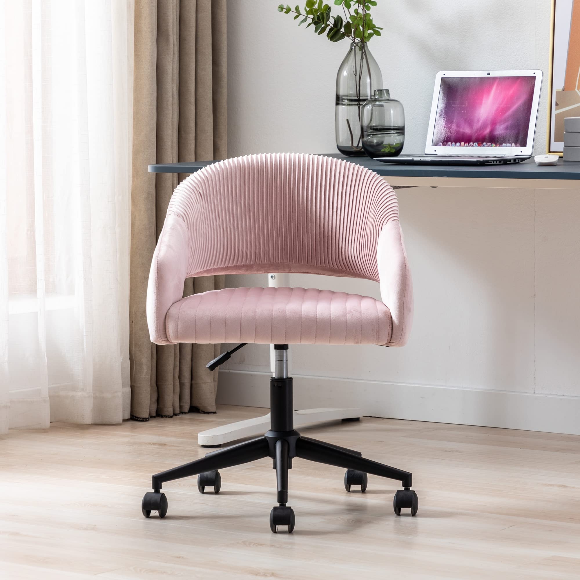 Adjustable Home Office Task Chair with Wheels & Arms - Modern Computer Desk Chair with Black Base for Study, Living Room, Vanity Makeup - Easy to Assemble (Perfect for Remote Work, Gaming & Beauty Stations)