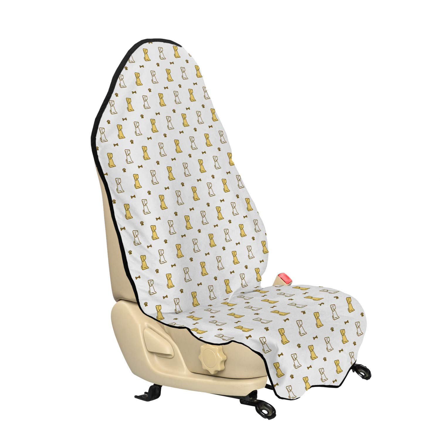 Ambesonne Paw Print Car Seat Cover - Non-Slip Pet Themed Hoodie with Dog Footprints & Bones Pattern, Universal Fit 30x57 Inches, Mustard Fawn & White - Perfect for Car Seat Protection & Pet Lovers