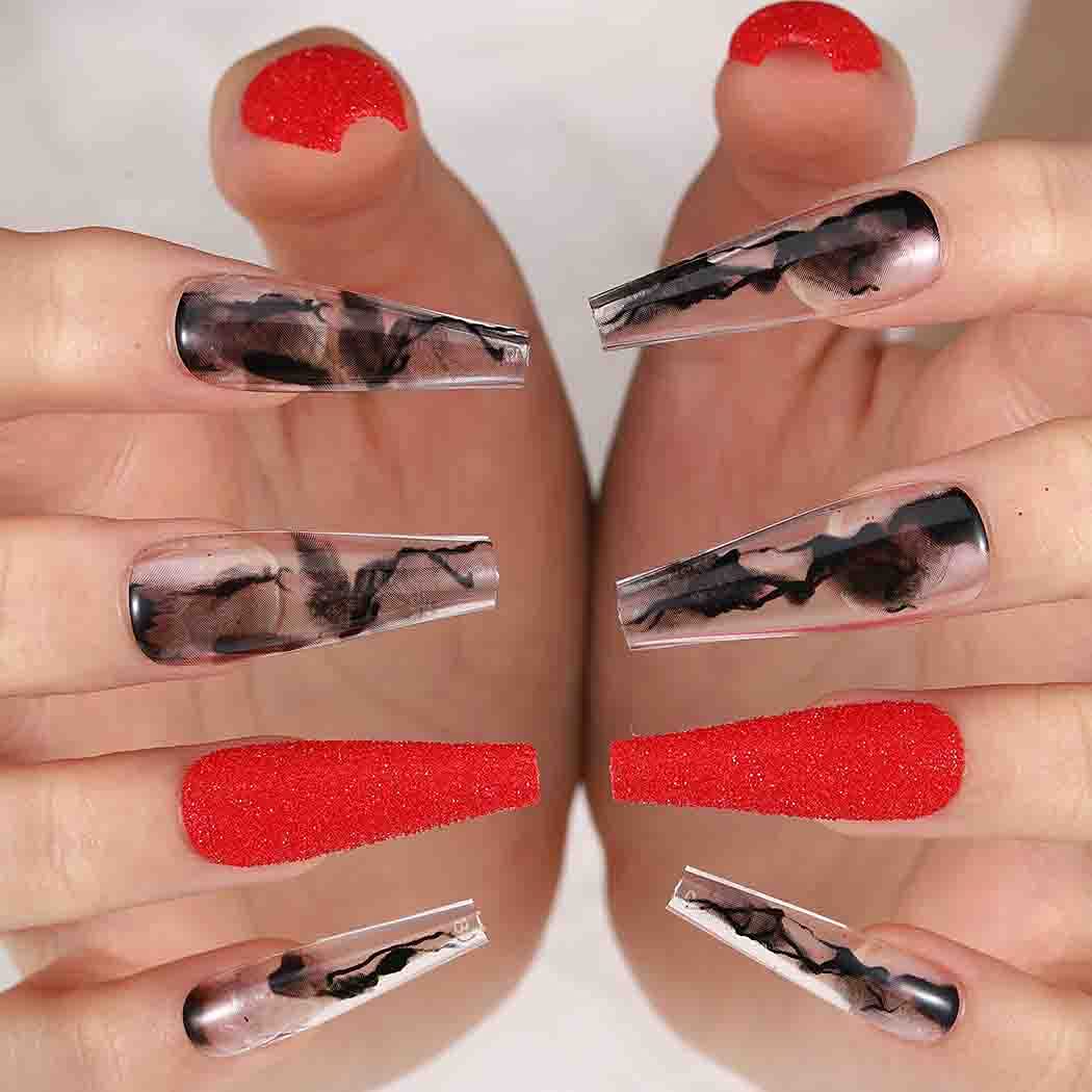 24Pcs Extra Long Press on Nails - Glossy Acrylic Coffin Ballerina Fake Nails with Smoke Pattern Red & Black Designs, Full Cover Artificial Nails for Women & Girls | Perfect for Parties, Halloween, Cosplay & Special Occasions