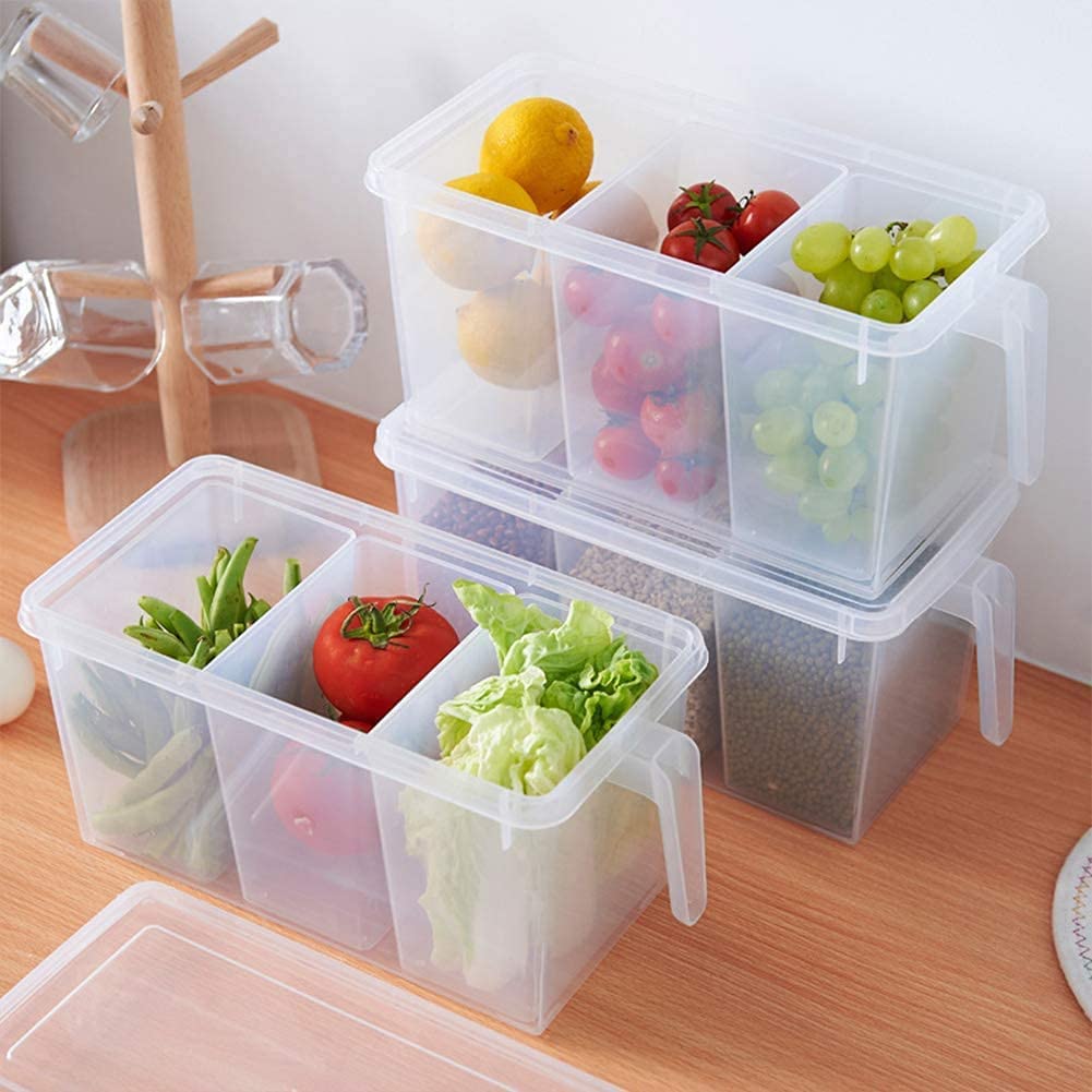 Space Saving Fridge Storage Box with Lid and 3 Bins - 5L Transparent Plastic Refrigerator Organizer for Fruits, Vegetables & Leftovers - Kitchen Storage Container Set (Pack of 1) - Perfect for Small Apartments & Organized Kitchens