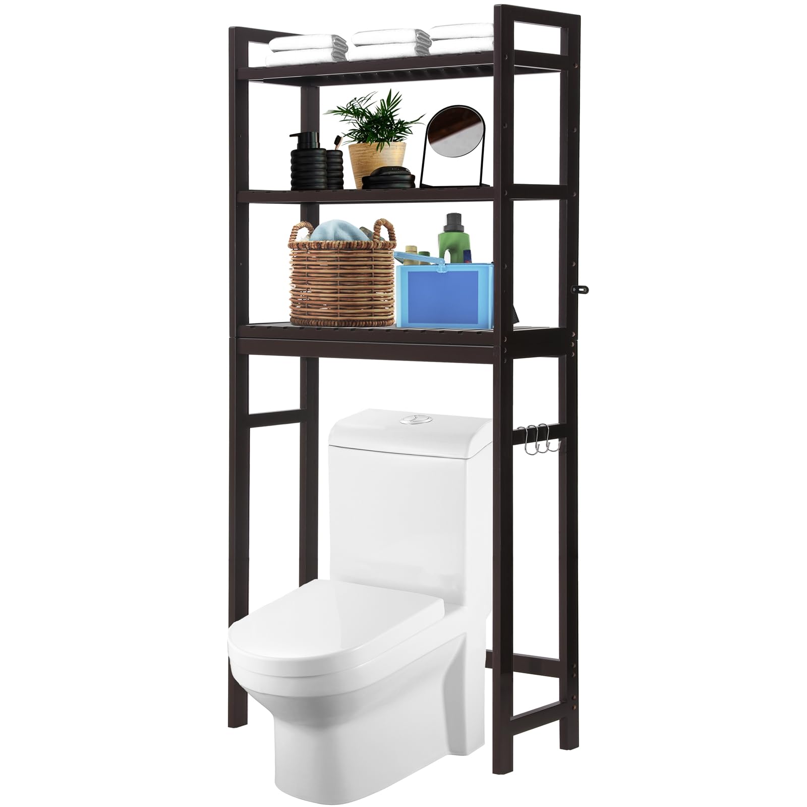 HITOMEN 3-Tier Over The Toilet Storage Cabinet - Adjustable Bamboo Bathroom Shelf with Hooks for Bathroom, Laundry & Balcony Organization - Dark Brown Freestanding Toilet Organizer (67
