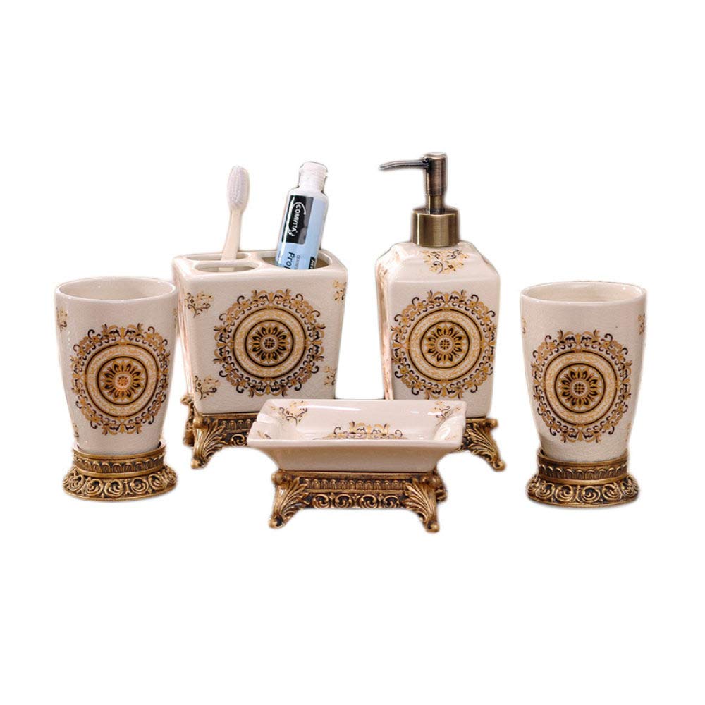 Vintage Ceramic Bathroom Accessories Set - 6 Piece Gold & White Soap Dispenser, 2 Tumblers, Vanity Tray, Soap Dish, Toothbrush Holder - Elegant Home & Hotel Decor for Bathroom Organization