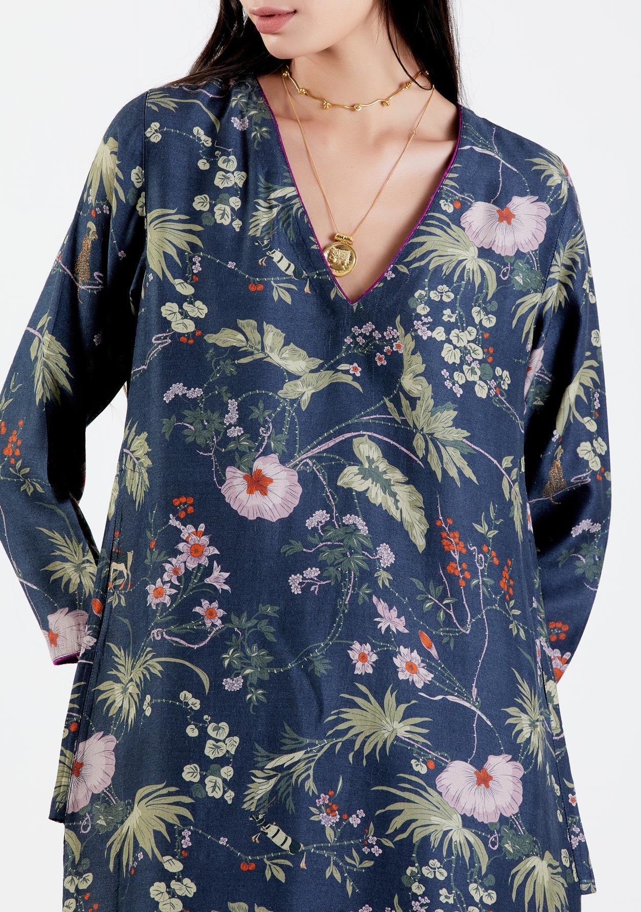 Elegant V Neck Kurta for Women - Premium Muga Satin Fabric in Midnight Blue - Perfect for Festivals, Weddings & Special Occasions