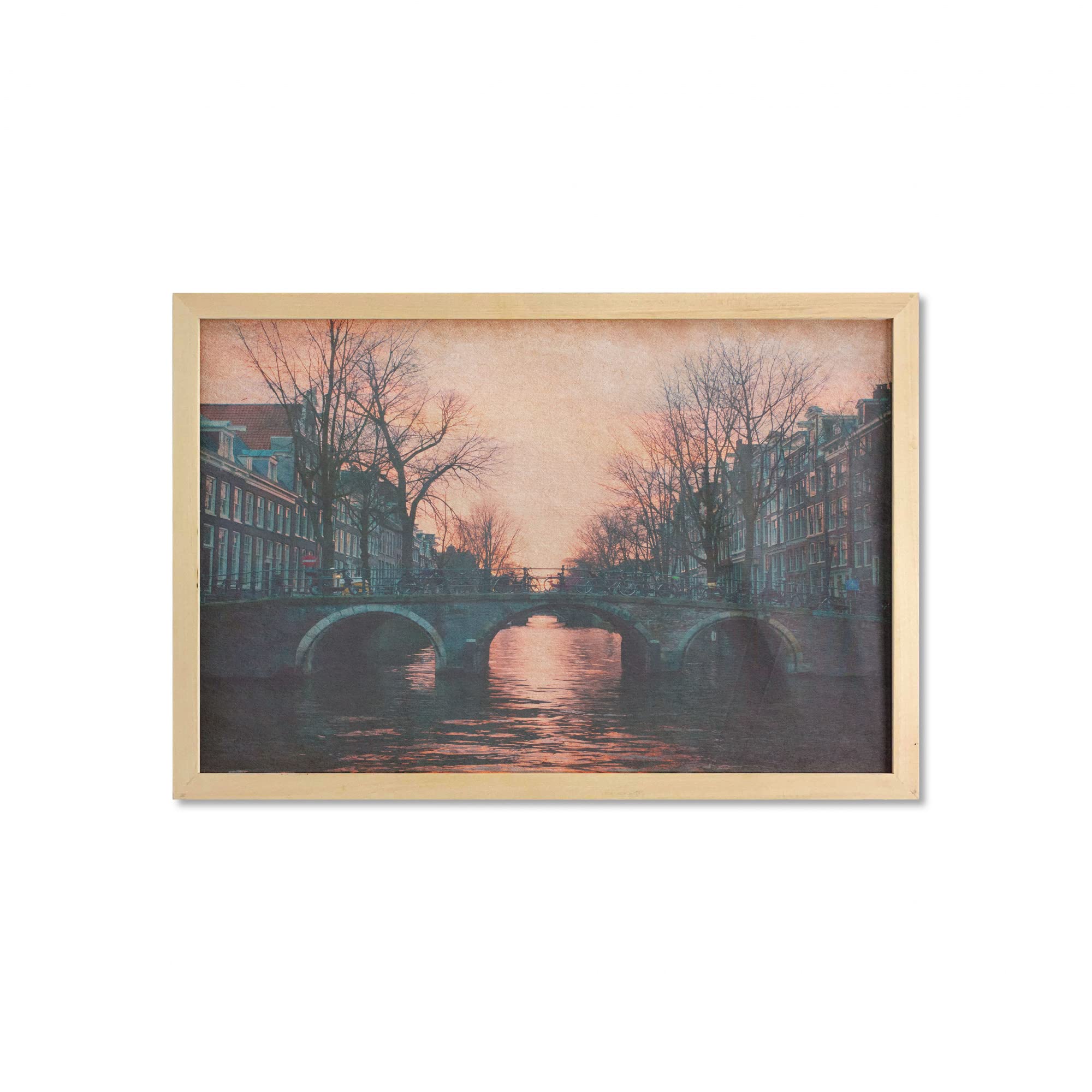 Ambesonne Framed Landscape Wall Art - Evening in Amsterdam Netherlands with Aurora Borealis River Bridge, Scandinavian Style Printed Fabric Poster, 35