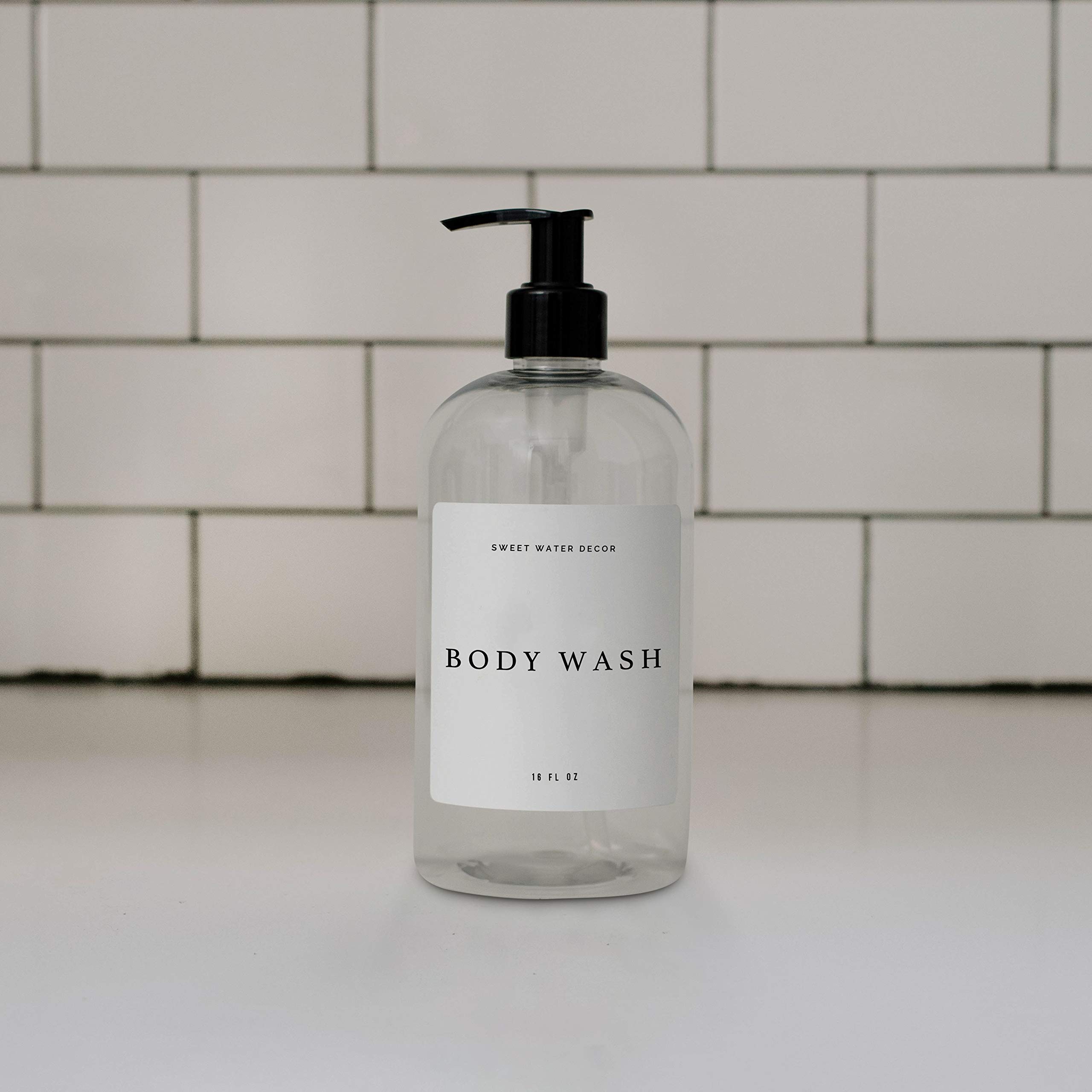 Sweet Water Decor 16 oz Clear Plastic Refillable Body Wash Dispenser with Pump - Rustic Modern Farmhouse Style - Waterproof White Label with Black Text - Perfect for Bathroom, Kitchen, or Gift Giving