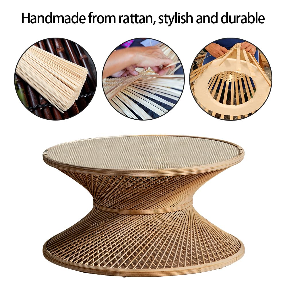 Round Rattan Coffee Table - Natural Woven Rattan End Table for Living Room, Patio, or Indoor Decor - Perfect for Coffee, Books, and Plants (Table Only)