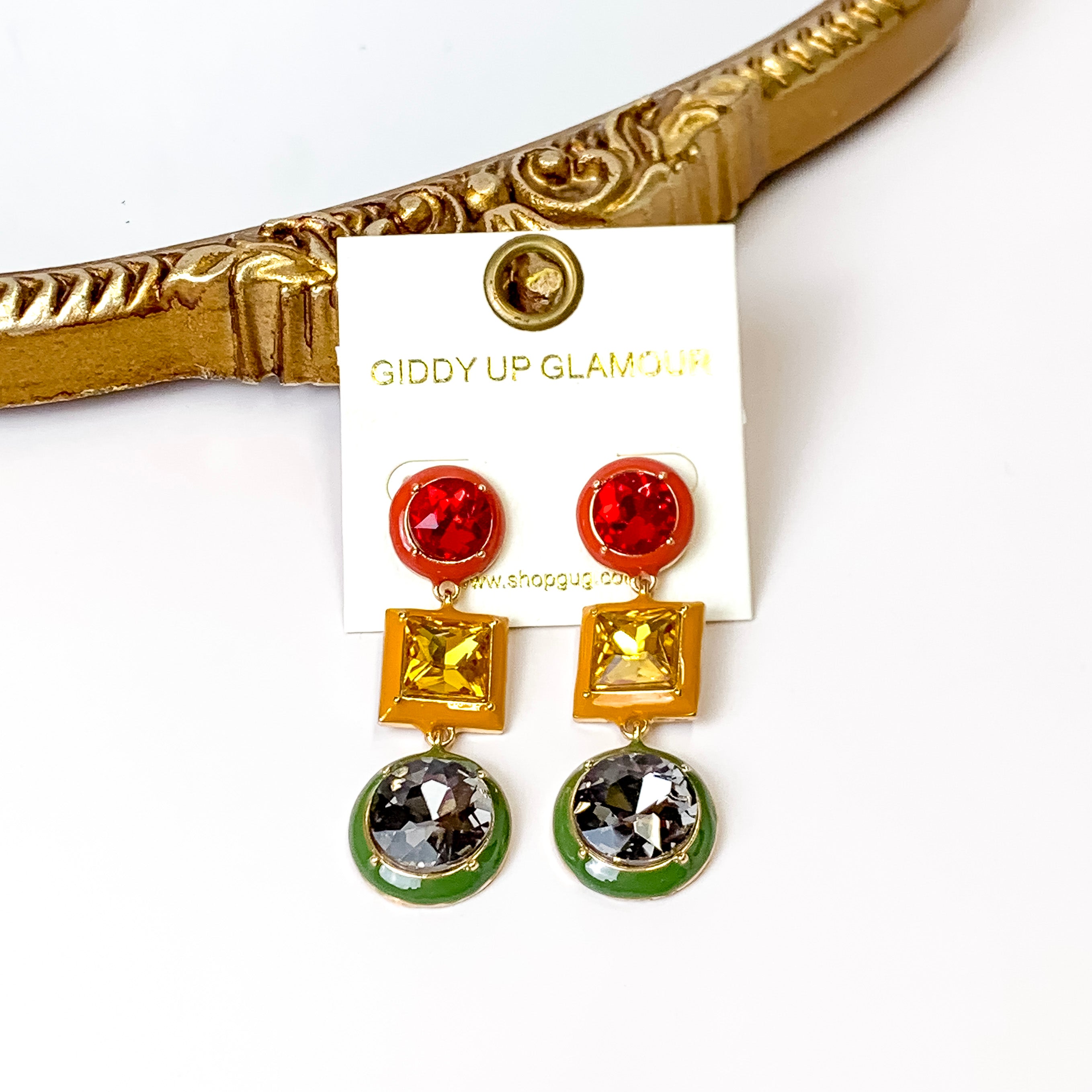 Vibrant 3-Tier Multicolor Enamel Drop Earrings - Red, Yellow & Green Dangle Earrings for Women | Perfect for Parties, Weddings & Everyday Fashion Accessories