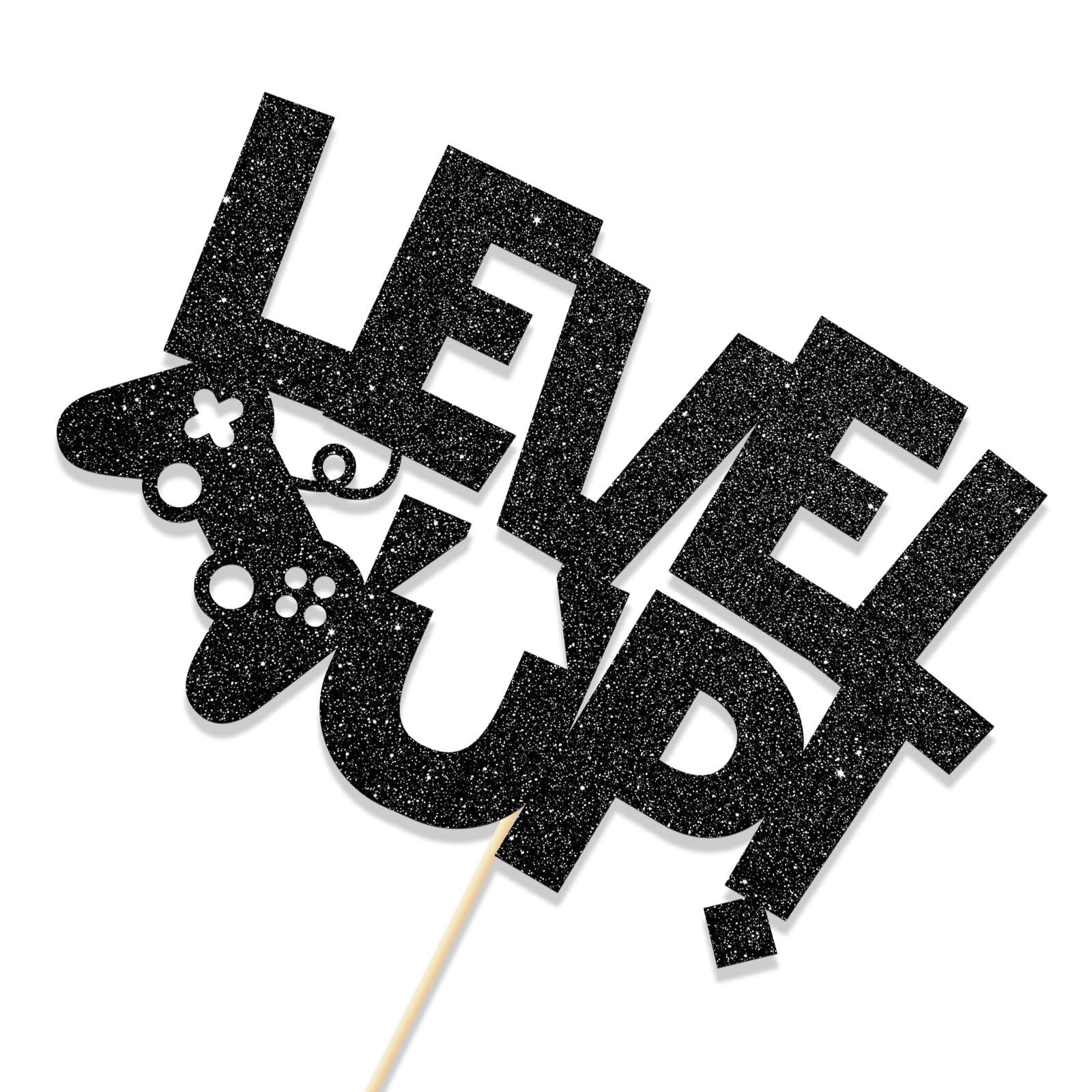 Level Up Video Game Cake Topper - Black Glitter Birthday Party Decorations for Kids | Perfect for Gaming Theme Birthday Parties, Cake Decorations & Party Favors