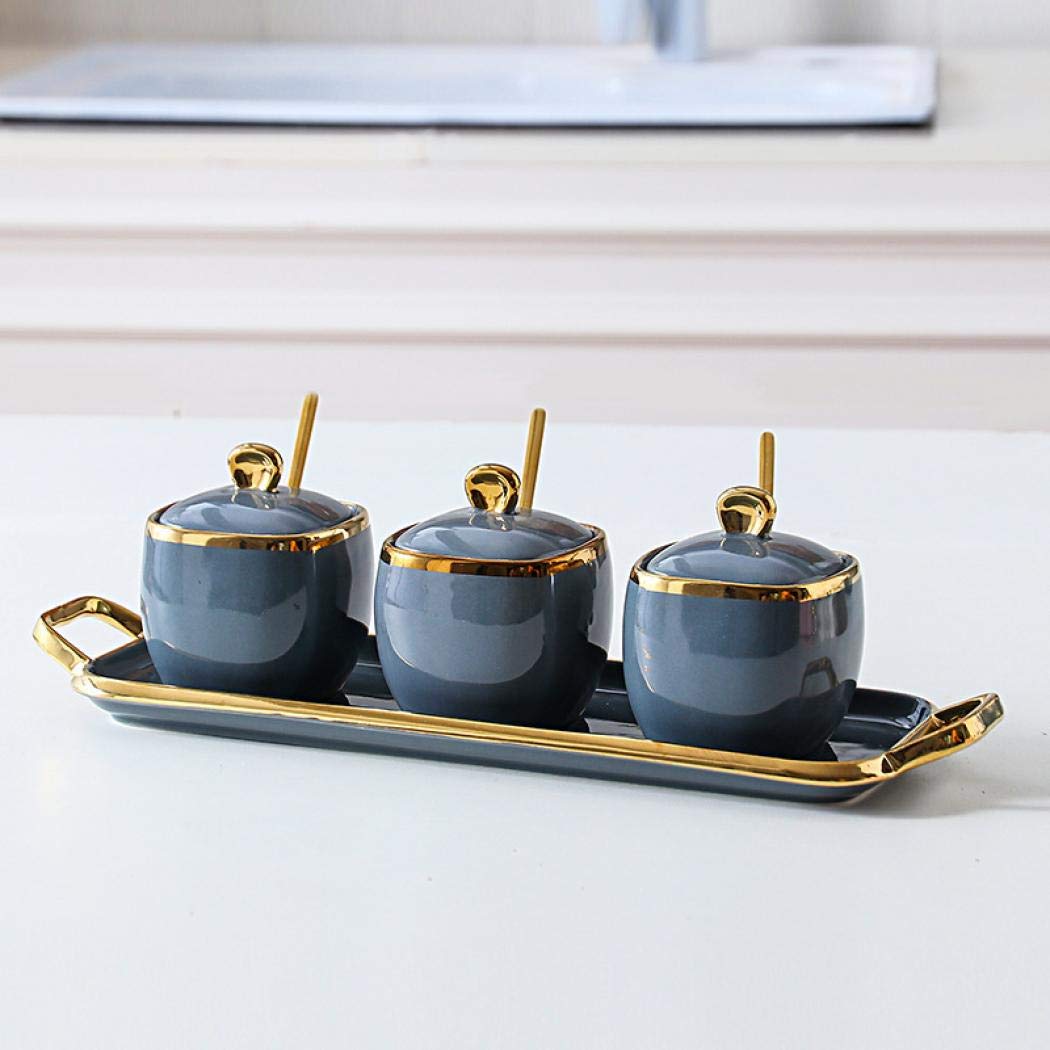 3-Piece Ceramic Condiment Jar Set with Lid & Spoon - GENDLTHIJ Porcelain Spice Storage Containers for Kitchen Countertop, Dining Table & Pantry Organization (Dark Grey)