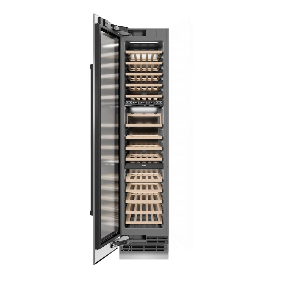 ZLINE Autograph Edition 18 Inch 9.0 cu ft Triple Zone 68 Bottle Left Hinge Stainless Steel Wine Cooler with Matte Black Accents - Perfect for Home Bars, Wine Cellars & Entertaining (Model RCWVLZ 30418 MB)