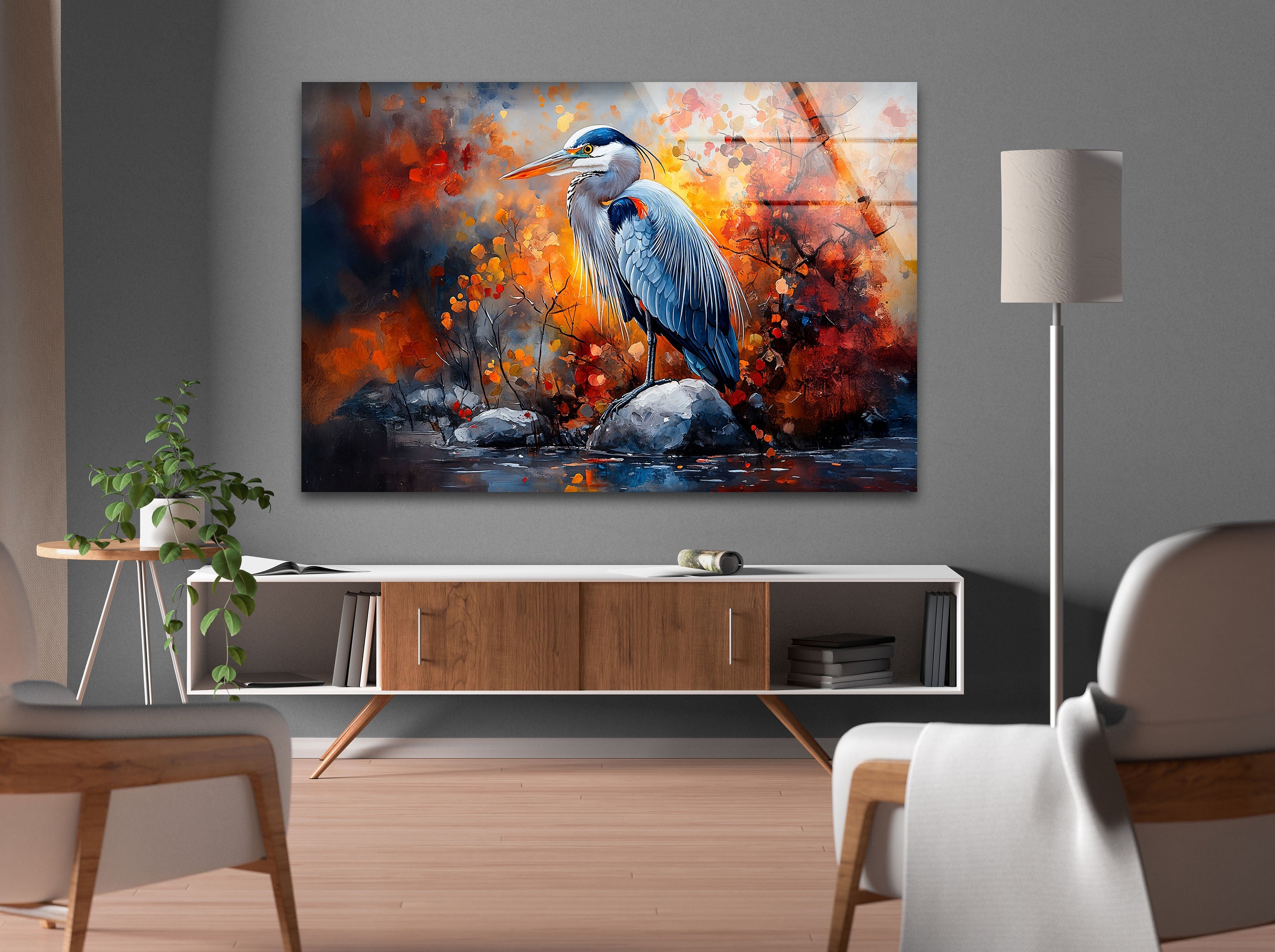Autumn Majesty - Heron in Fiery Foliage Glass Wall Art Decor | Stunning Nature-Themed Home & Office Decoration | Perfect for Living Room, Bedroom or Gift
