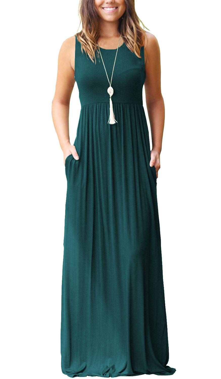 AUSELILY Women's Summer Sleeveless Loose Maxi Dress - Casual Long Flowy Dress with Pockets - Perfect for Beach, Vacation & Everyday Wear