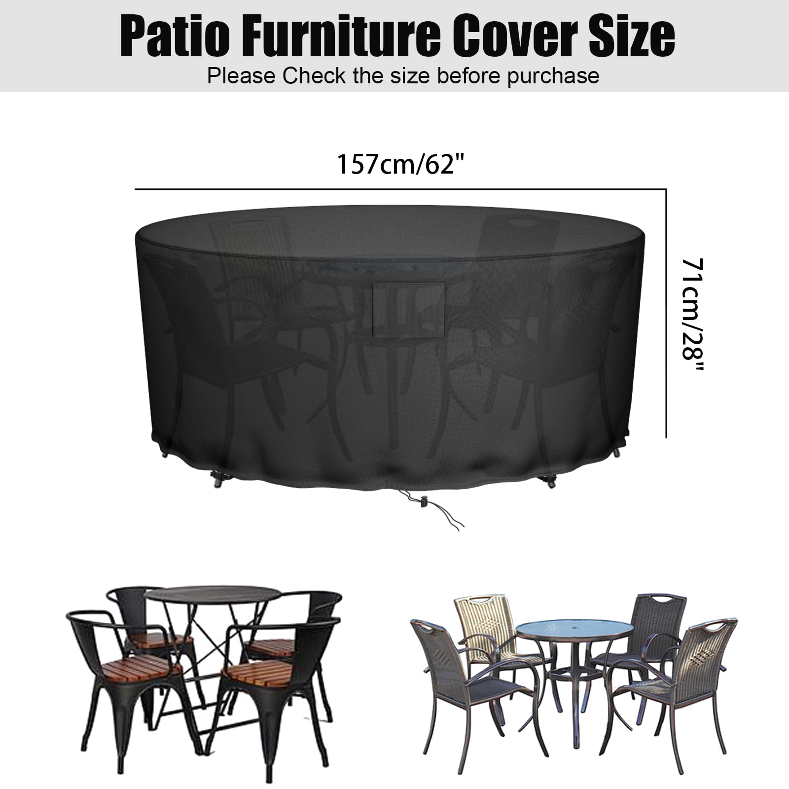 Falflor 62-Inch Round Patio Table Cover - 600D Oxford Waterproof Outdoor Furniture Cover, Windproof & Anti-UV Protection for Garden Tables & Chairs (62''D x 28''H) - Perfect for Backyard, Deck, and Poolside Use
