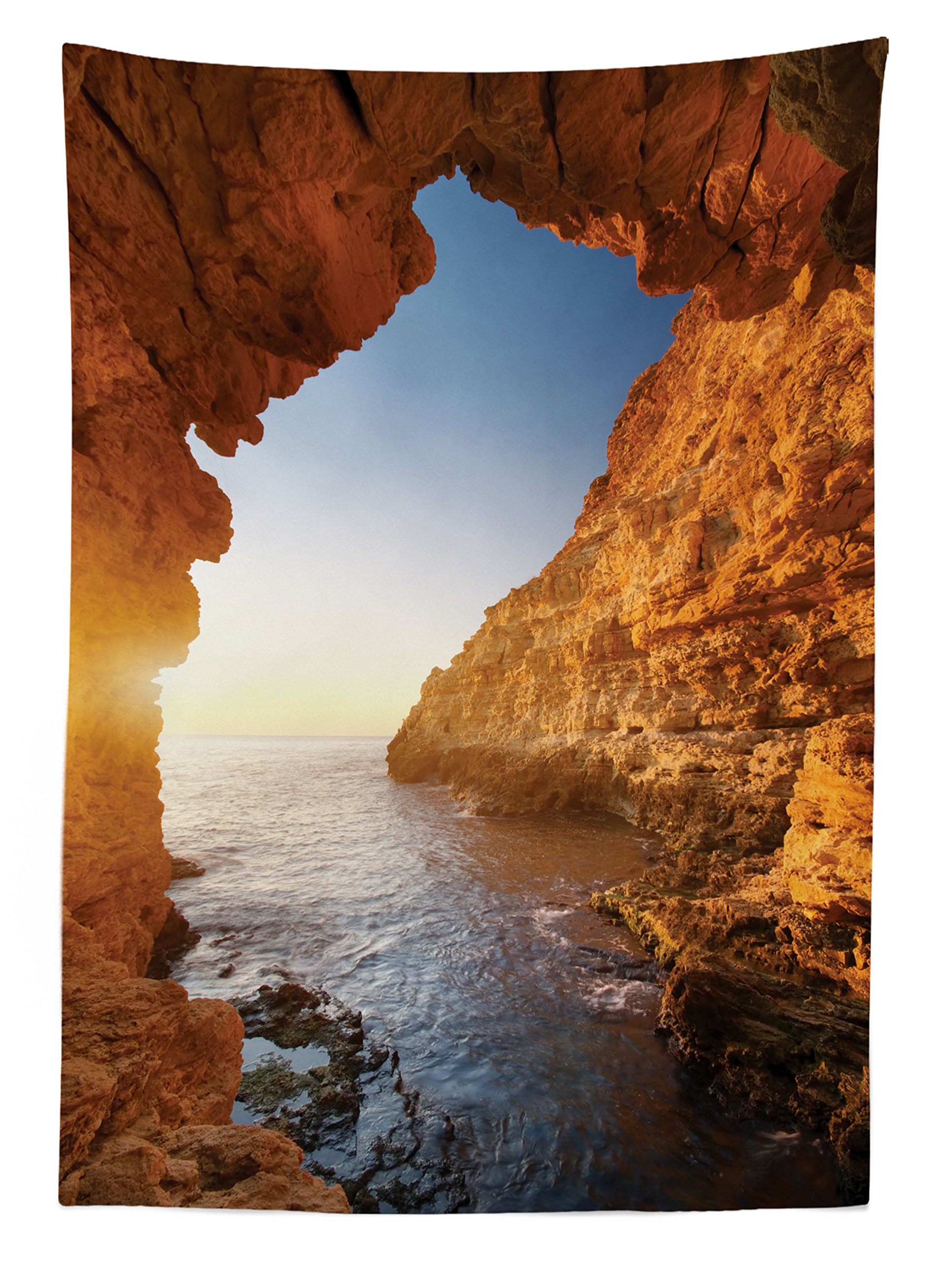 Ambesonne Waterproof Beach Tablecloth - Sunset Ocean Cave & Morning Horizon Design, Washable Picnic Table Cover for Outdoor Dining, 58x104 Inches, Cream Blue | Perfect for Beach Picnics, Backyard BBQs, and Patio Parties
