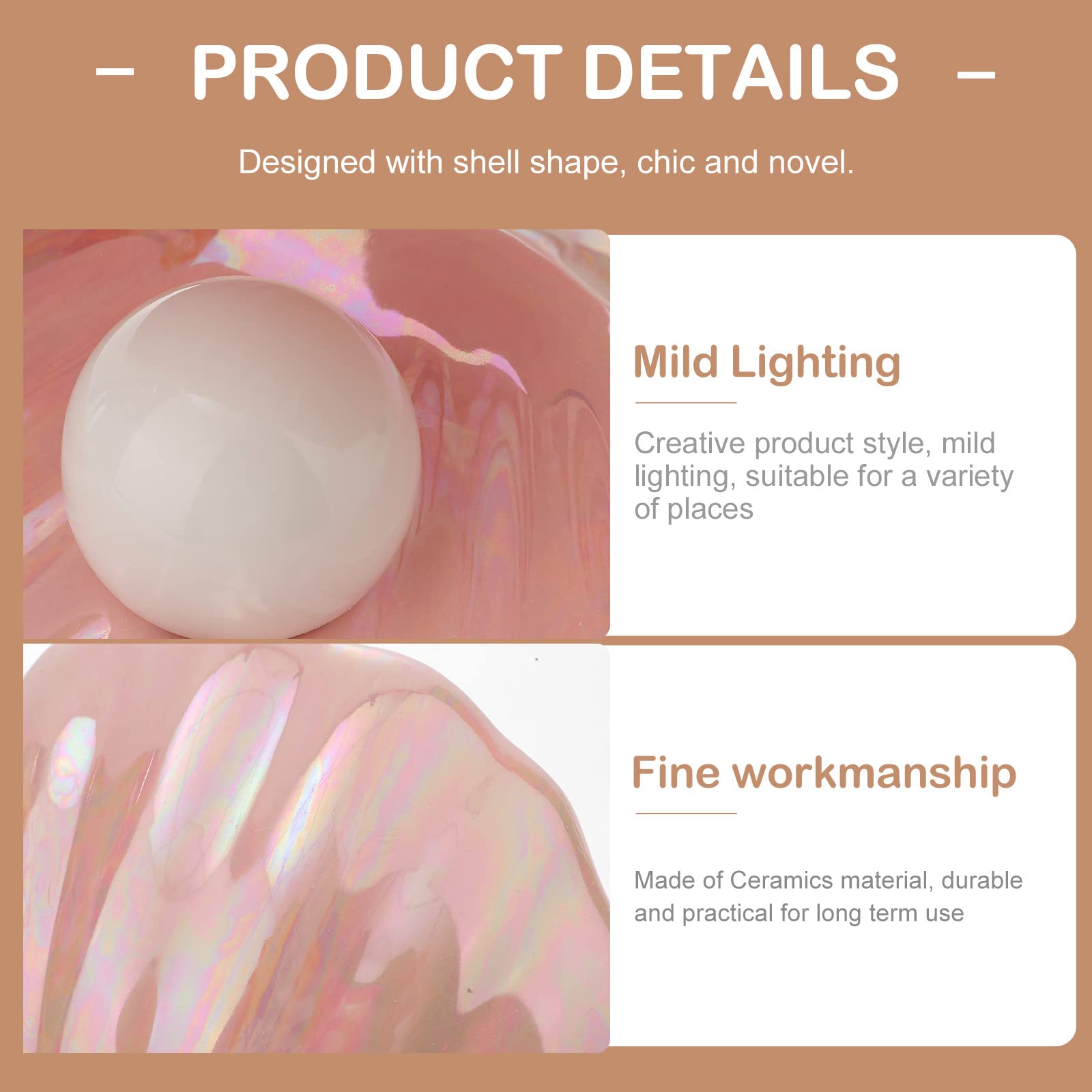 SEWACC Ceramic Night Light with Shell Pearl Design - Pink Bedside Table Lamp for Bedroom, Home Decor, Desktop Ornament | Perfect for Nursery, Kids Room, Hallway & Cozy Nighttime Ambience