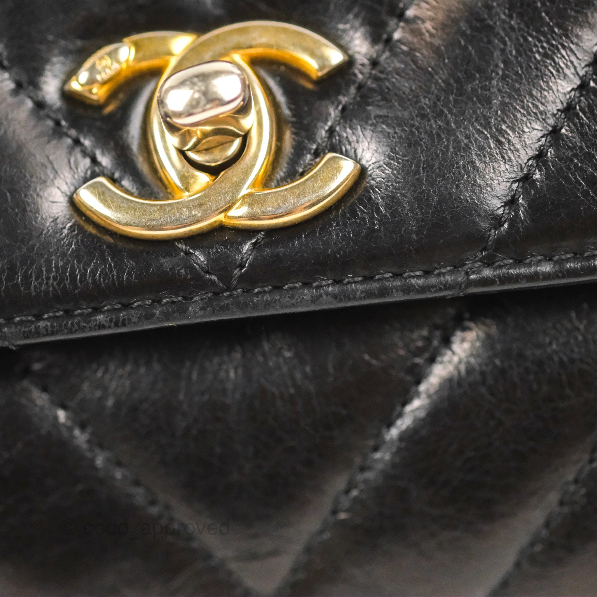 Chanel Chevron Small Coco Handle Bag - Black Shiny Aged Calfskin with Aged Gold Hardware | Luxury Crossbody Purse for Women, Perfect for Evening Parties & Date Nights