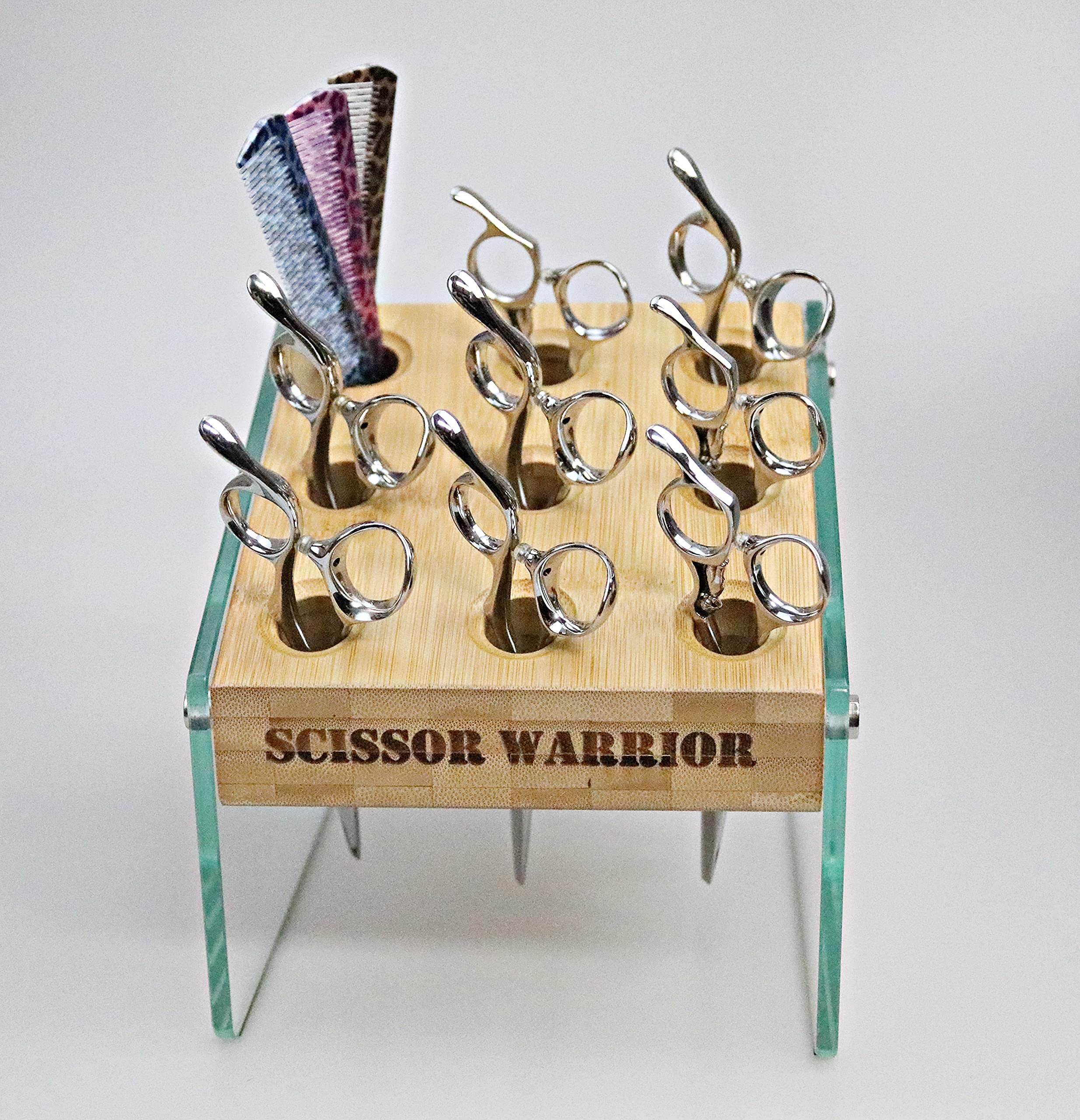 Premium 9-Hole Bamboo & Glass Hair Scissors Holder - Barber Salon Organizer, Stylist Gift, Shear Storage Block (Scissors Not Included) - Perfect for Salon Decor, Barber Shop Organization & Hairstylist Workstation Setup