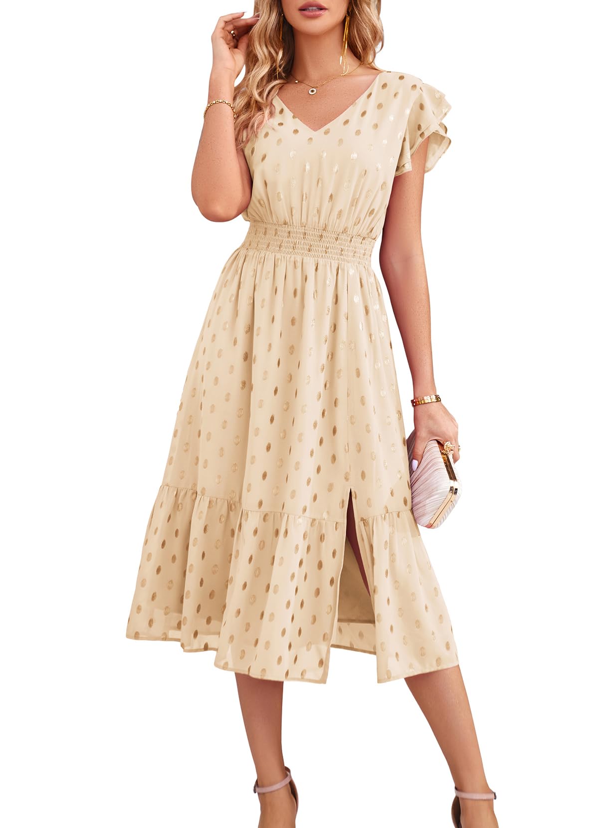 GRACE KARIN Women's V-Neck Ruffle Sleeve Summer Dress 2025 | Flowy Split Tiered Midi Dress for Wedding Guest & Cocktail Parties | Beach Vacation, Date Night, Office Wear