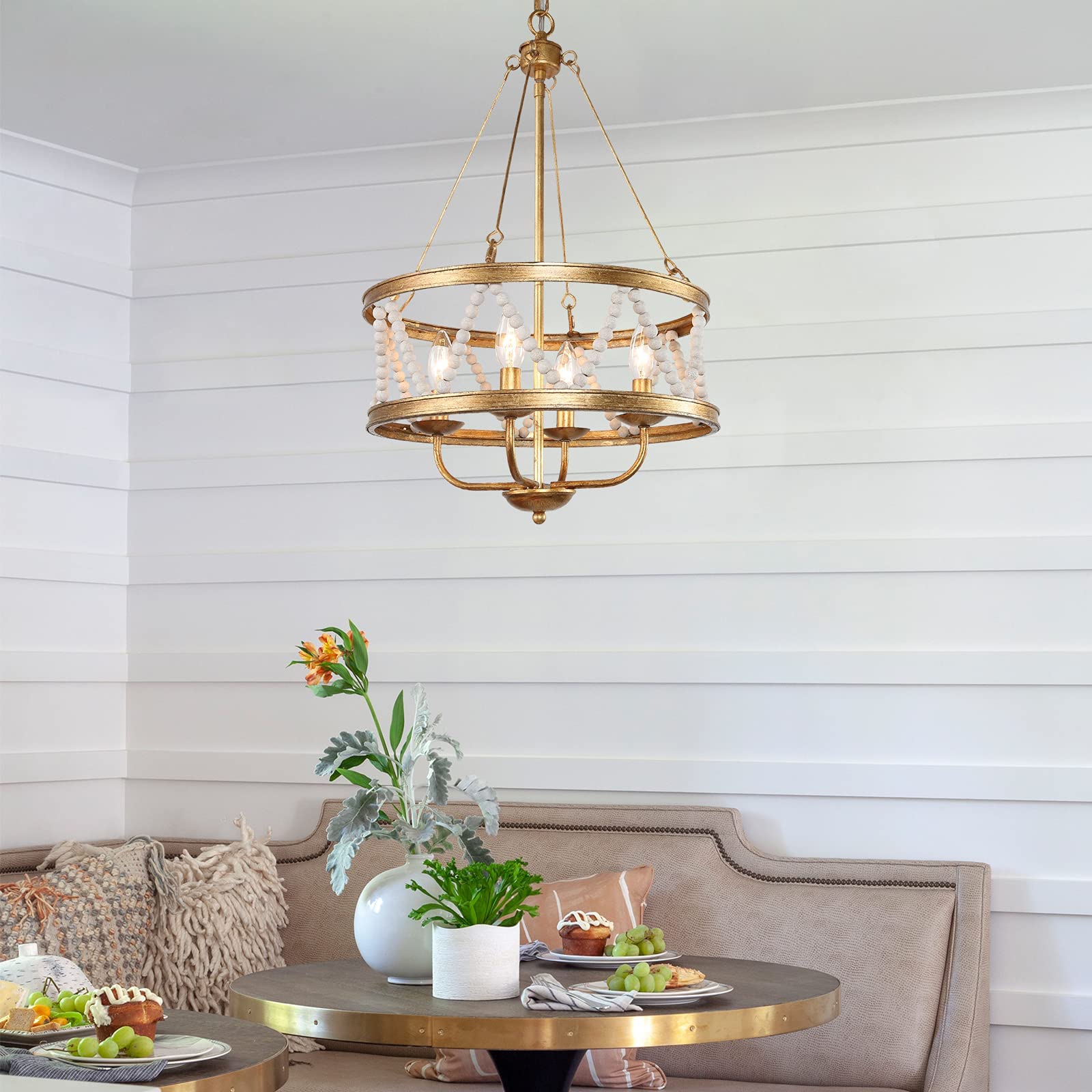 Elegant 4-Light Gold Chandelier with Beaded Drum Shade - 15.5