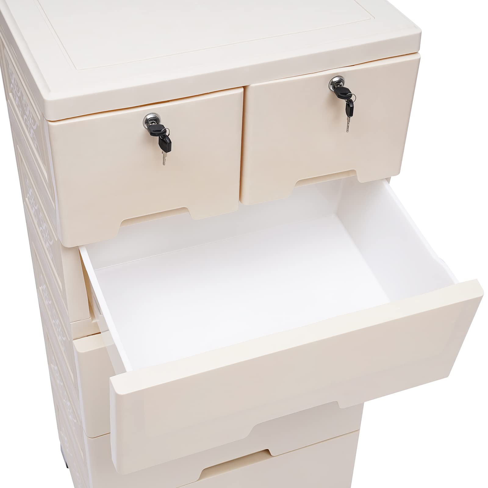 6-Drawer Plastic Storage Dresser Cabinet - Tall Closet Organizer for Clothes, Toys & Bedroom Furniture with 5 Wheels & 2 Locks (66lbs Capacity, Beige) - Perfect for Playrooms, Dorms & Small Spaces