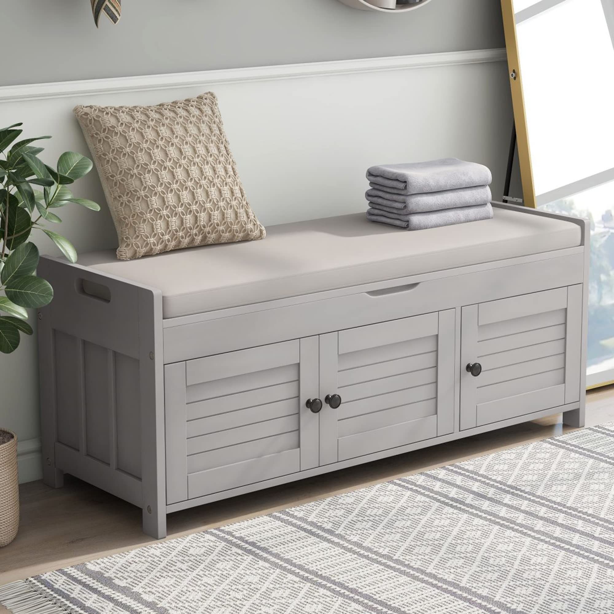 Merax 3 Shutter-Shaped Door Shoe Bench with Removable Cushion & Hidden Storage Cabinet - Gray Wash | Entryway Organizer for Shoes, Hats & Accessories | Perfect for Hallway, Mudroom or Bedroom Storage Solution