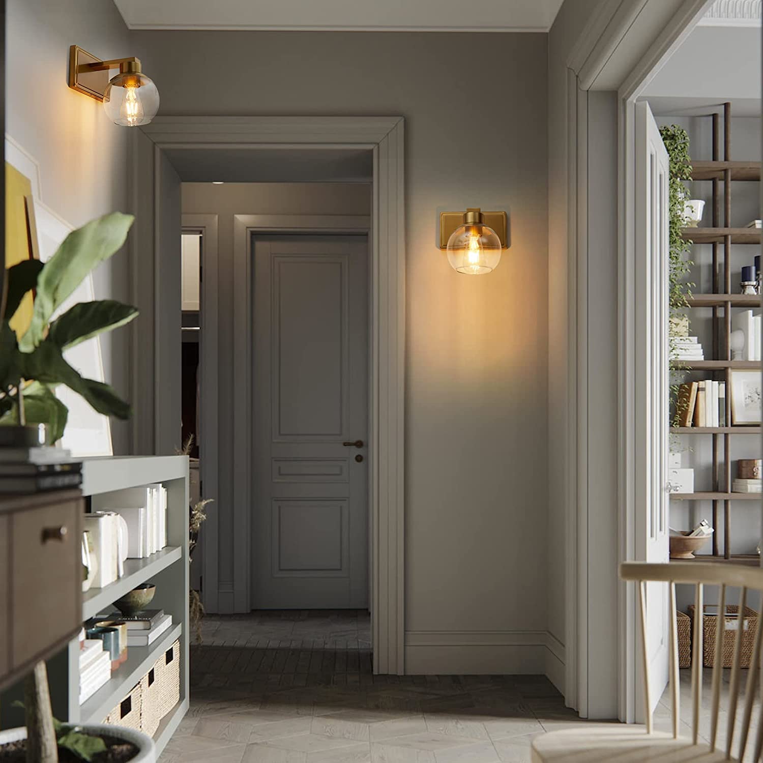 Brushed Brass Wall Sconces Set of 2 - Clear Glass Lamp for Bedroom, Bathroom & Living Room Lighting