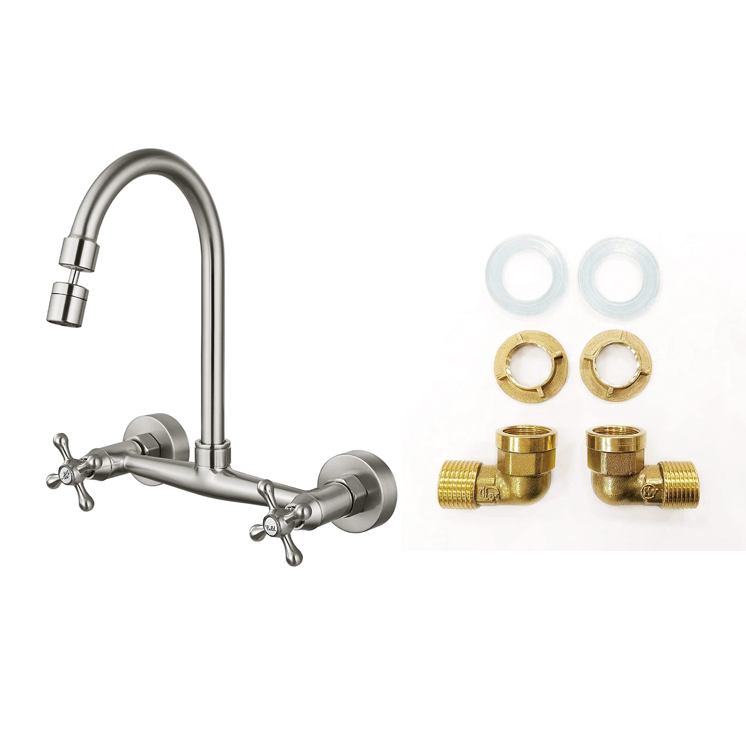 Airuida Brushed Nickel 8-Inch Wall Mount Kitchen Faucet with Sprayer, Stainless Steel Commercial Faucet Connector Set for Restaurant and Home Use