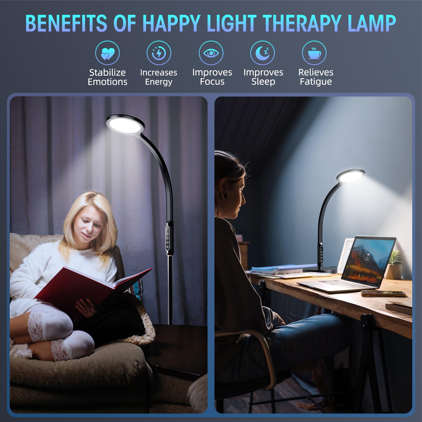 Happy Light Therapy Lamp 11000 Lux - UV-Free Full Spectrum LED Sunlight Lamp with 10 Brightness Levels, 2-in-1 Retractable Floor/Desk Lamp for SAD, Seasonal Depression & Vitamin D - Black (Ideal for Home, Office & Winter Use)