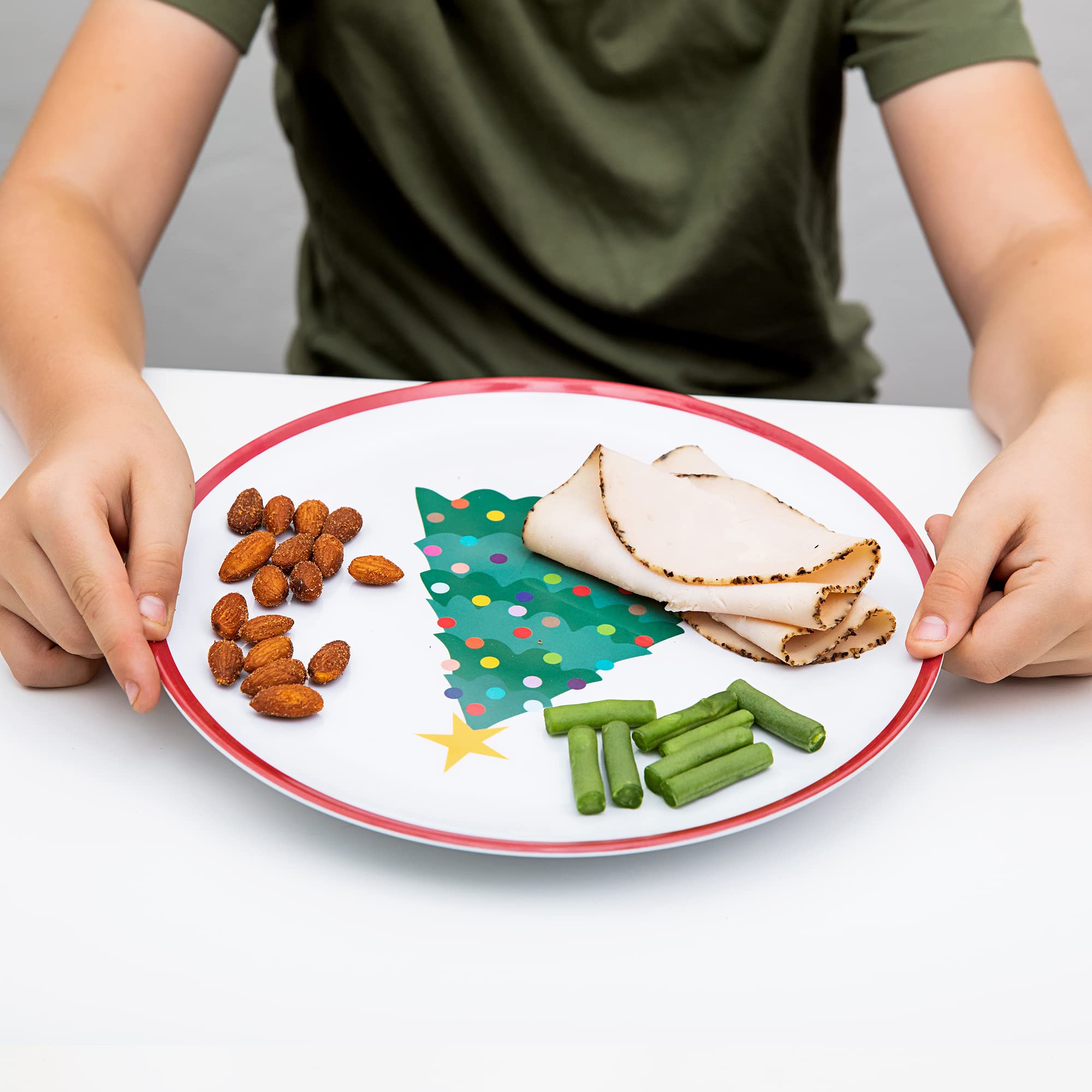 Tiny Expressions – 4-Piece Kids Holiday Plates Set with Colorful Christmas Tree Design | Durable Melamine Dinnerware for Children | Perfect for Christmas Parties, Family Gatherings & Festive Meals