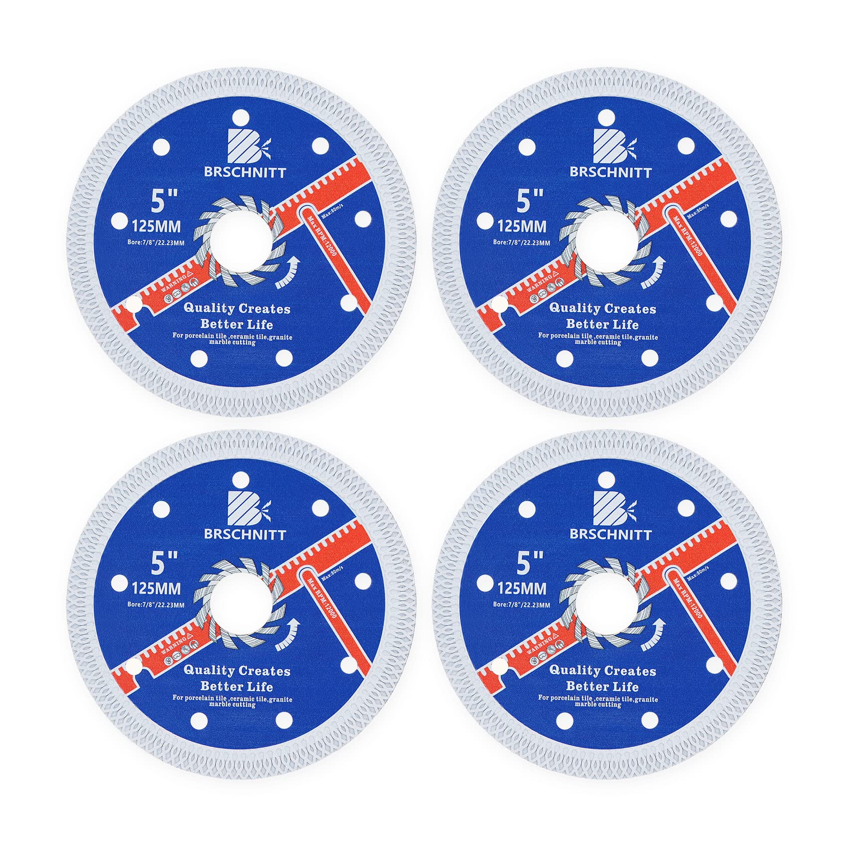 BRSCHNITT 4-Pack 5 Inch (125mm) Diamond Porcelain Saw Blade - Ultra Thin Design with X Teeth, 7/8