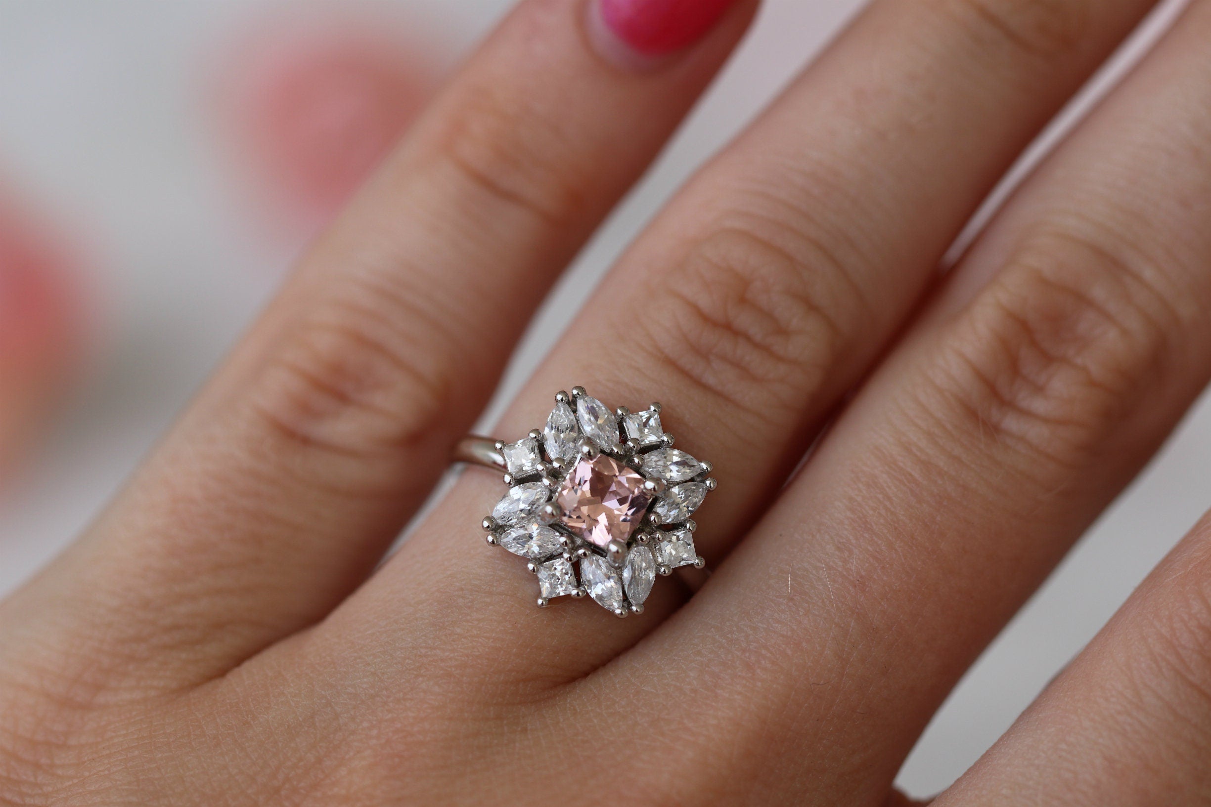 Magnolia Morganite Ring - Sterling Silver Rose Gold Plated, Dainty Floral Engagement Ring for Women, Perfect for Wedding, Anniversary & Valentine's Day Gifts