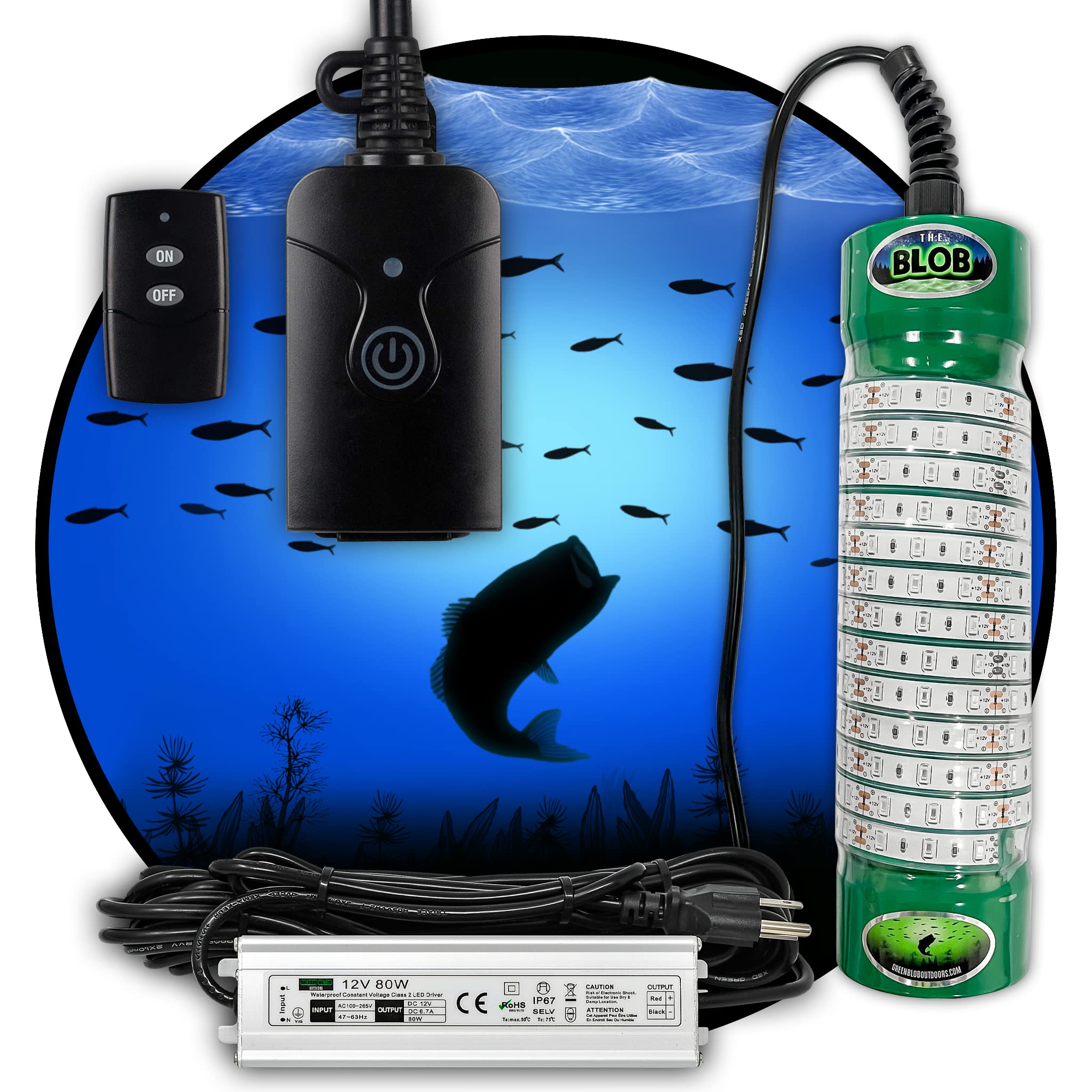 Green Blob Outdoors 7500 Lumens Blue LED Fishing Light with Timer - 30ft Cord Underwater Dock Light for Crappie & Snook (3-Prong Plug) - Perfect for Night Fishing, Boat Docks & Underwater Attraction