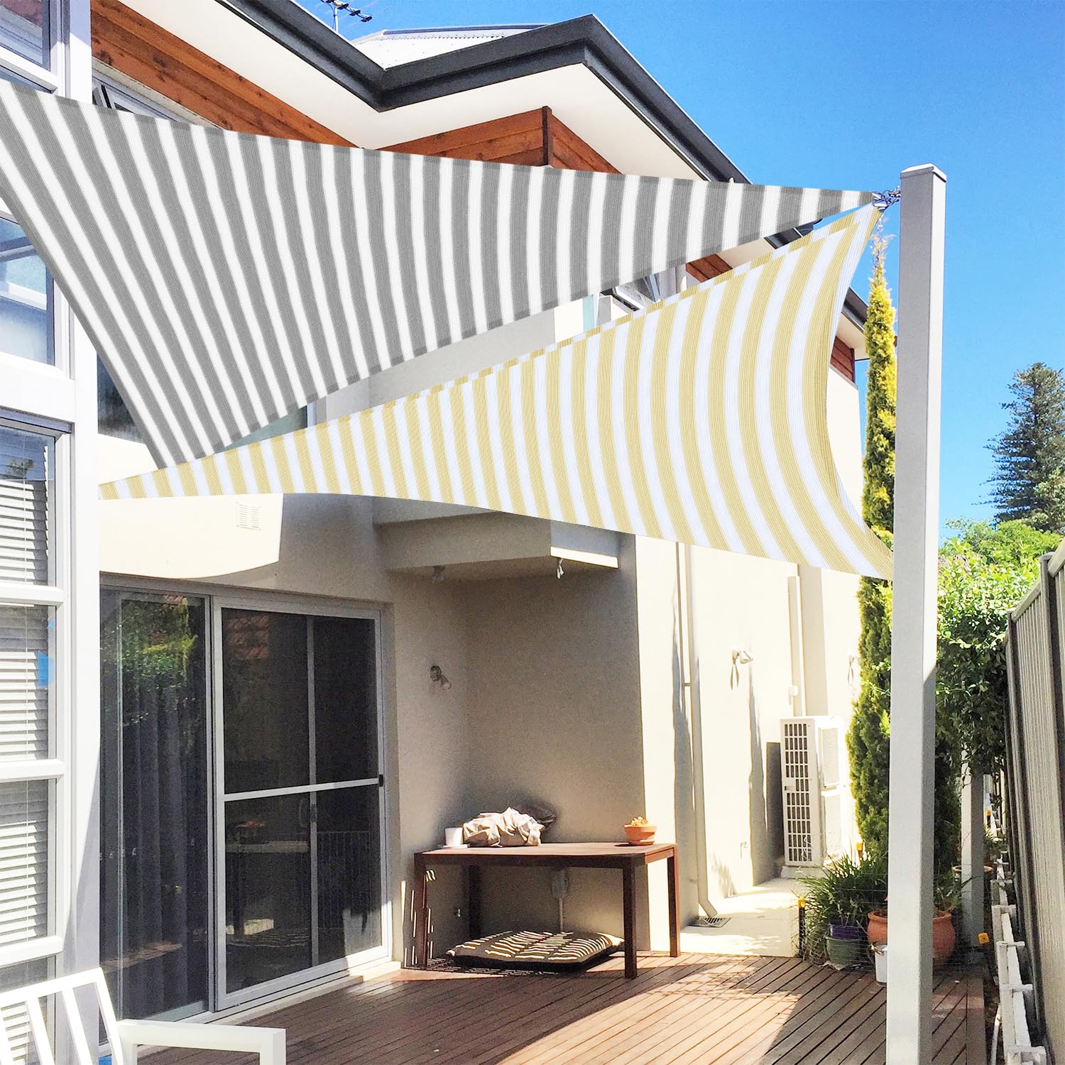 E&K Sunrise 12' x 23' x 25.9' Right Triangle Sun Shade Sail - UV Block Canopy Cover for Patio, Backyard, Garden, Outdoor Use - Beige White Strip - Perfect for Poolside, Deck, and Play Area Shade