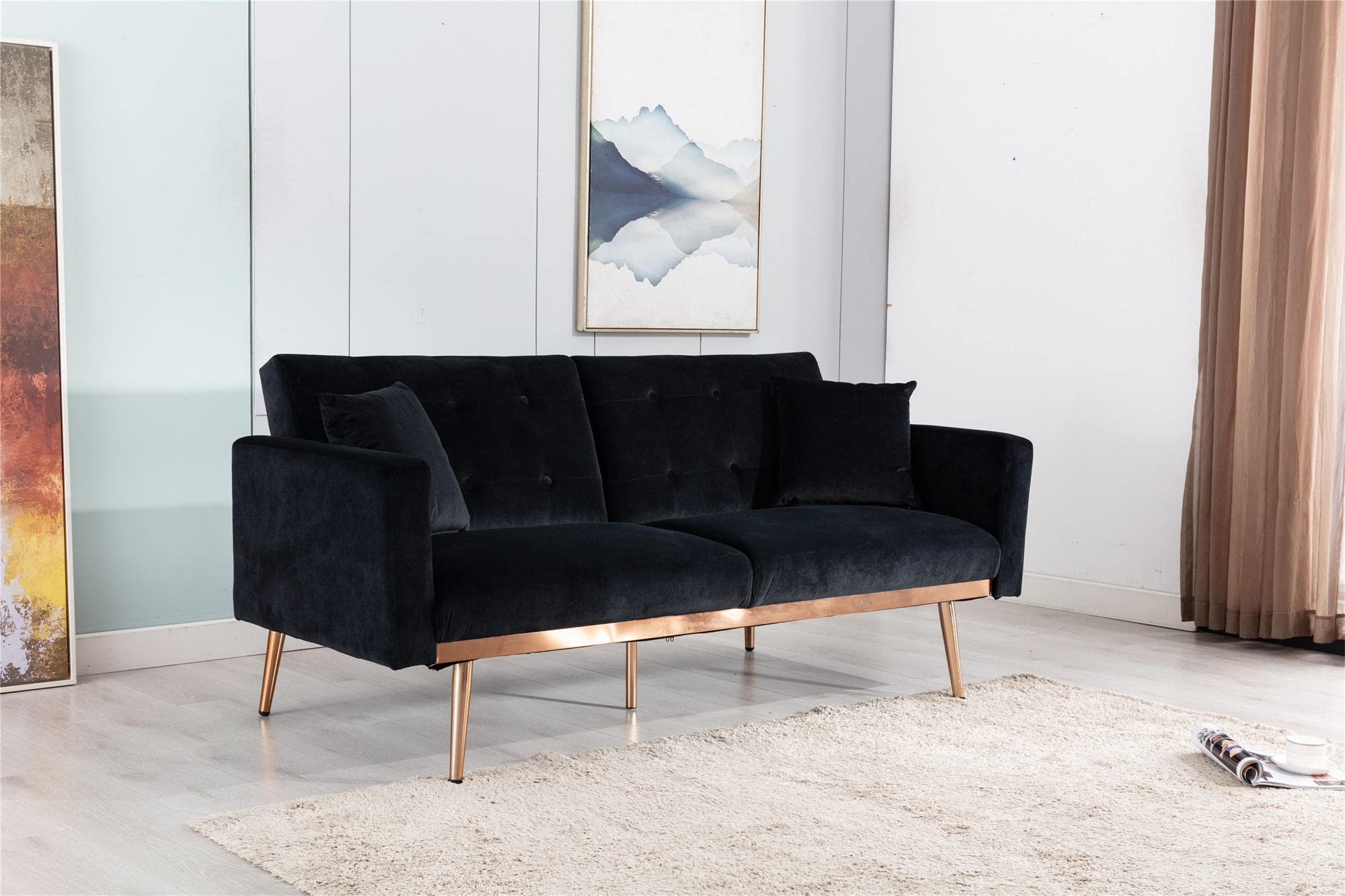 Velvet Futon Couch with Tufted Design - Mid Century Modern Convertible Sofa Bed with Golden Metal Legs & 2 Pillows - Accent Loveseat Recliner for Living Room, Bedroom & Small Spaces (Black)