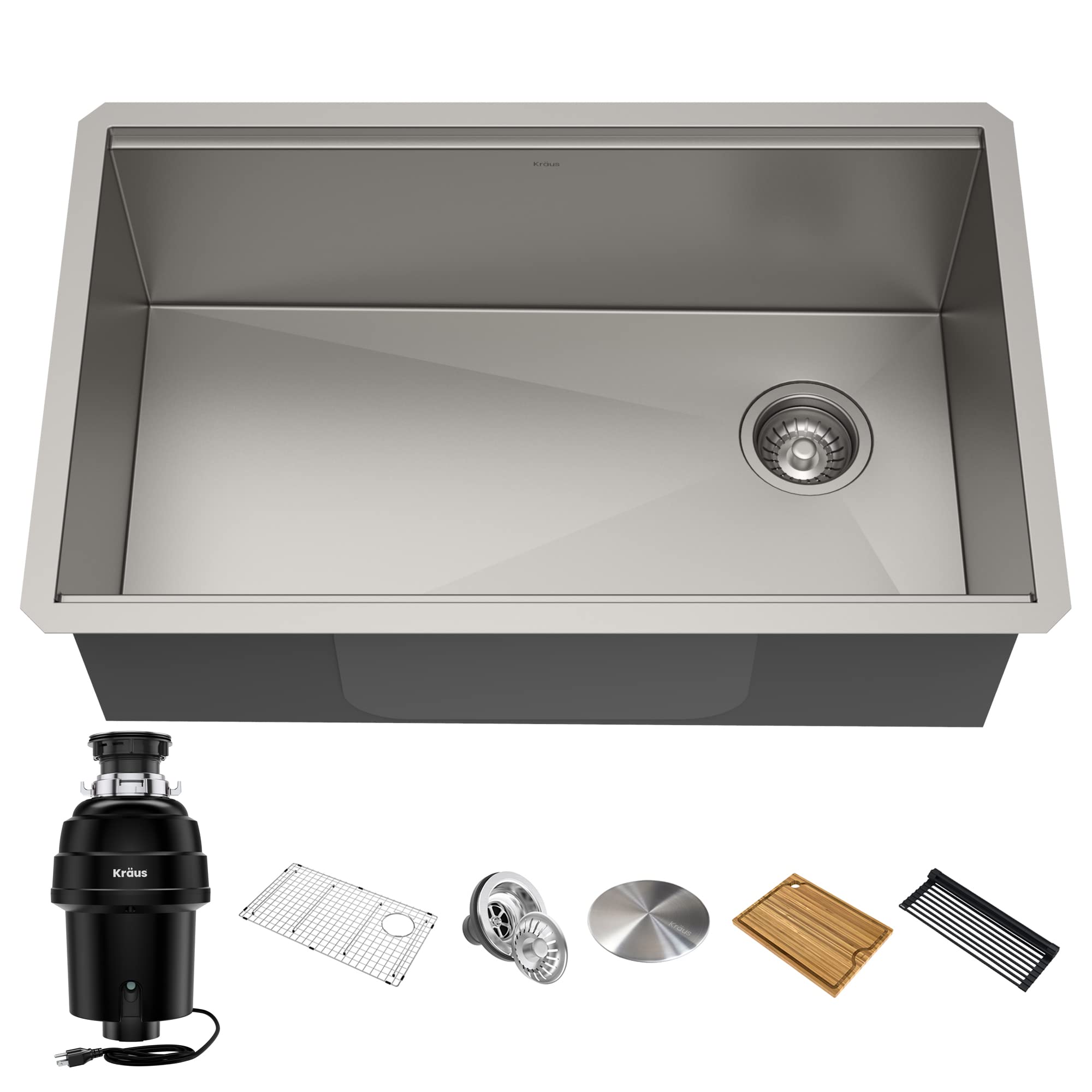Kraus Kore Workstation 30-inch Undermount Single Bowl Stainless Steel Kitchen Sink with WasteGuard Garbage Disposal - 16 Gauge Commercial-Grade Sink for Busy Home Chefs & Professional Kitchens