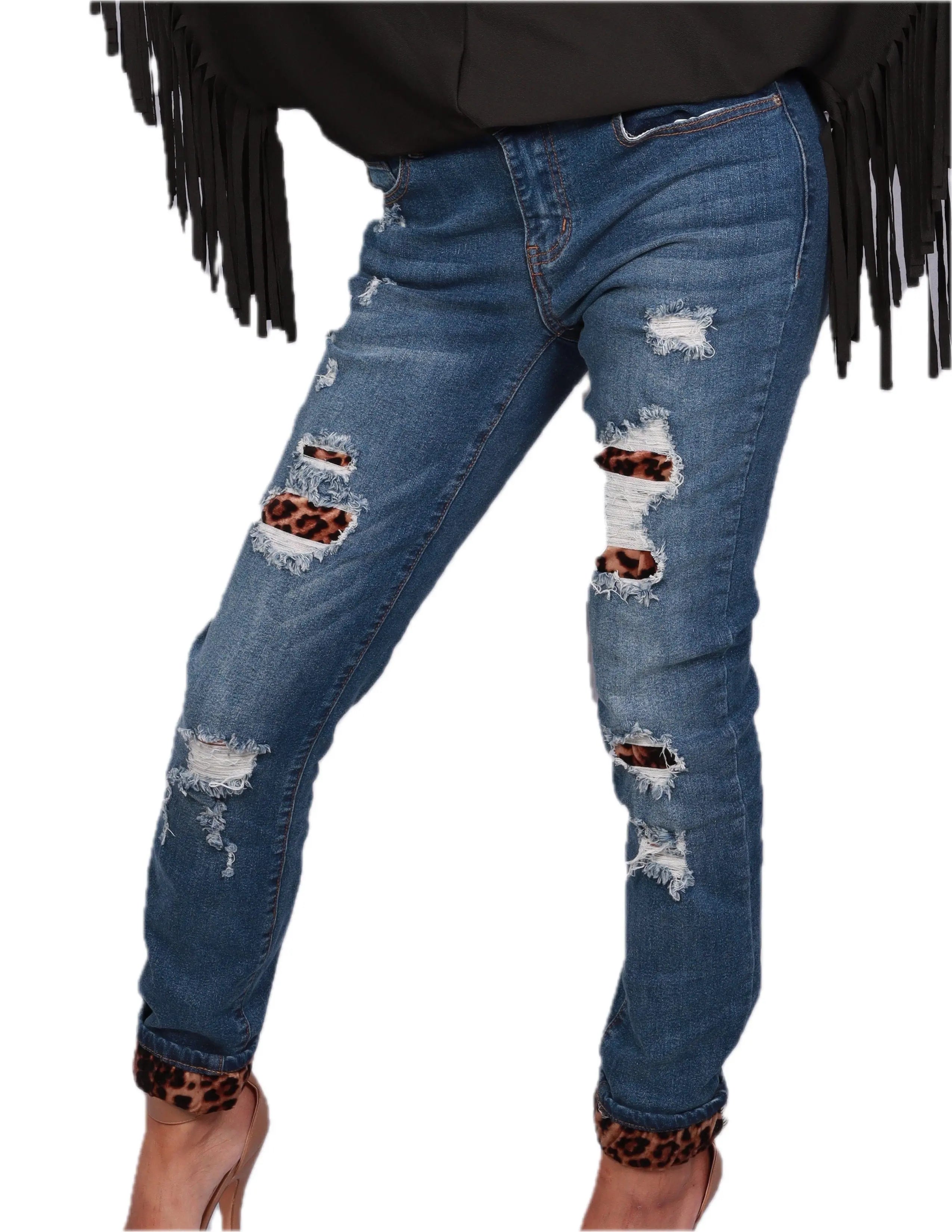 Mid Rise Skinny Jeans with Leopard Patches - Women's Fashion Stretch Denim Pants for Casual Wear & Night Out
