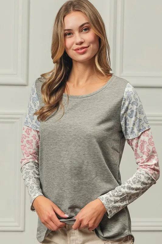 BiBi French Terry Paisley Triblend Color Block T-Shirt - Soft & Stylish Casual Wear for Women | Perfect for Everyday Outfits, Lounge Wear & Street Fashion