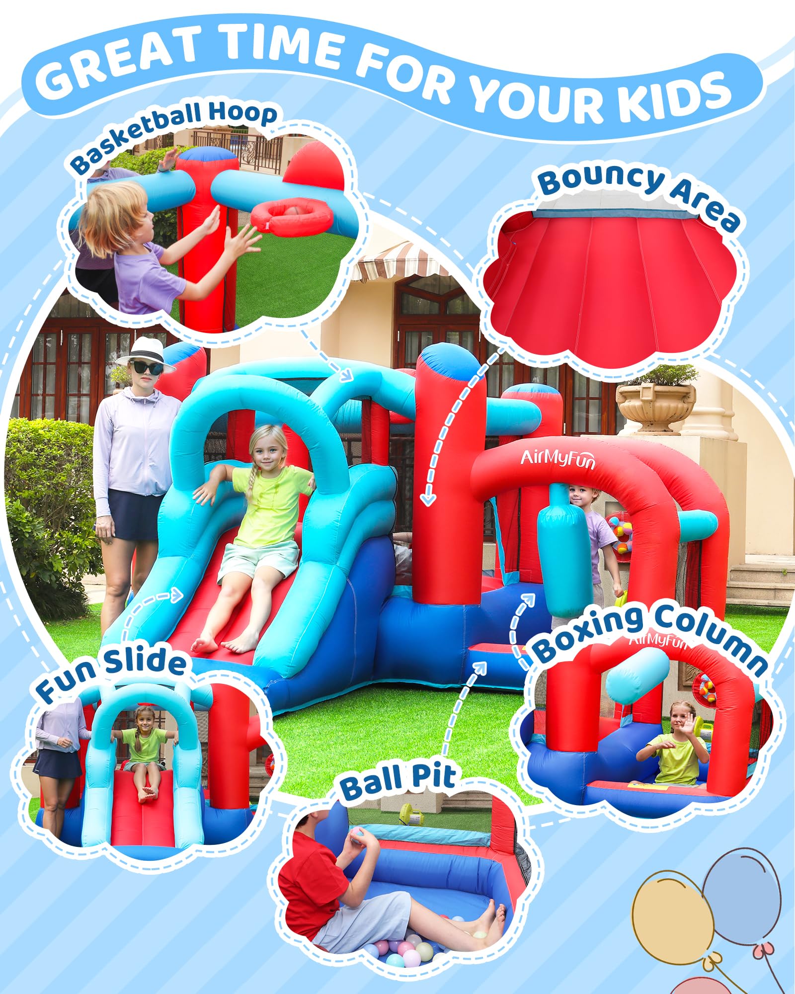 AirMyFun Inflatable Bounce House with Slide & Ball Pit - Indoor/Outdoor Kids Bouncer Castle for Birthday Parties, Backyard Fun, and Family Gatherings - Includes Basketball Hoop, Target Balls & Boxing Gloves