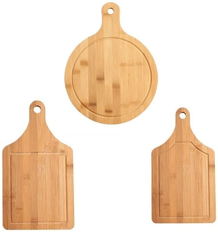 3-Piece Wooden Cutting Board Set - Durable Chopping Board for Fruits, Pizza, Bread with Handle & Hangable Design - Perfect for Kitchen, BBQ, Picnics & Food Prep
