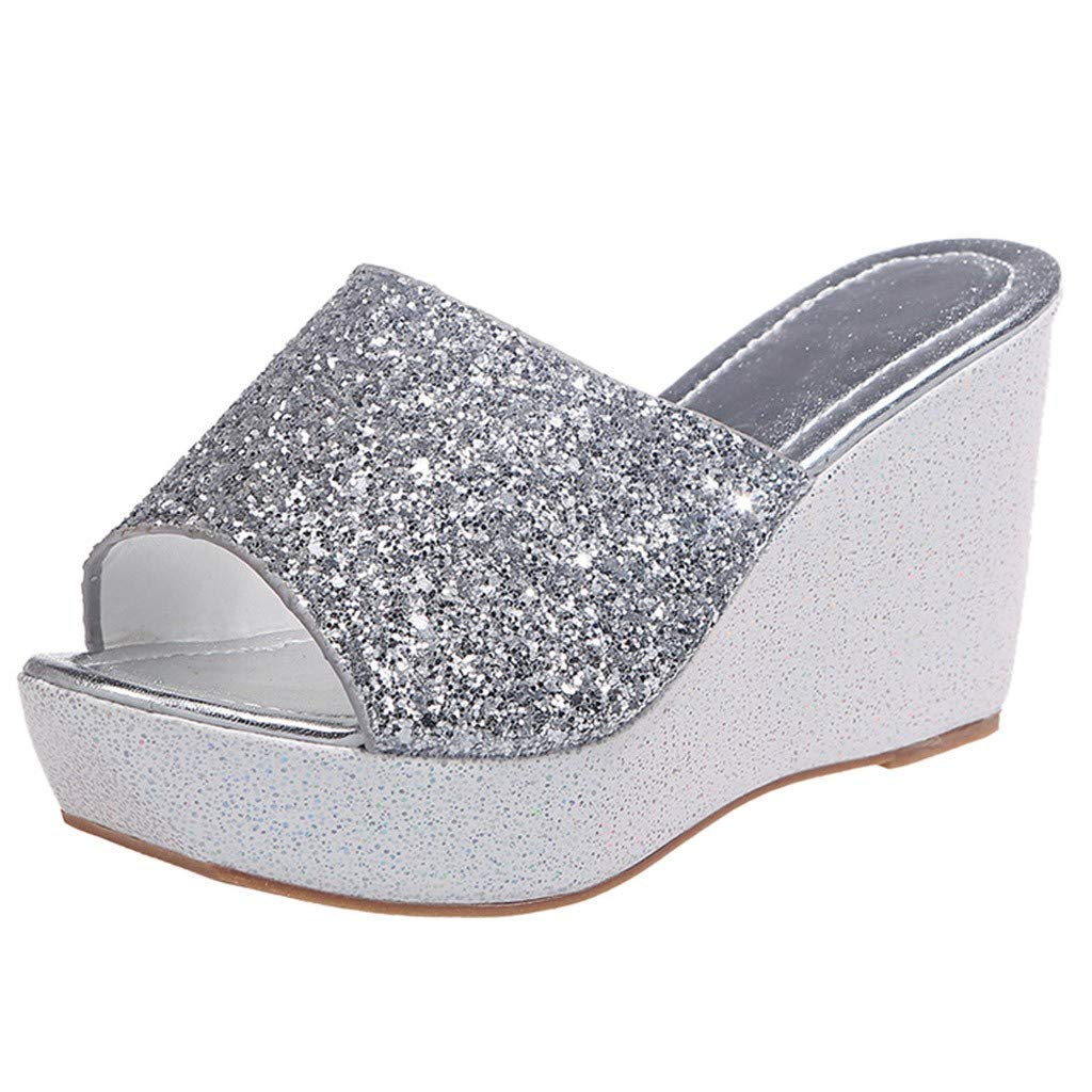 Women's Summer Open Toe Breathable Beach Sandals - Slip-On Casual Wedge Heels Shoes for Women (Silver, Size 7.5) | Perfect for Beach Vacations, Poolside Lounging & Summer Outfits