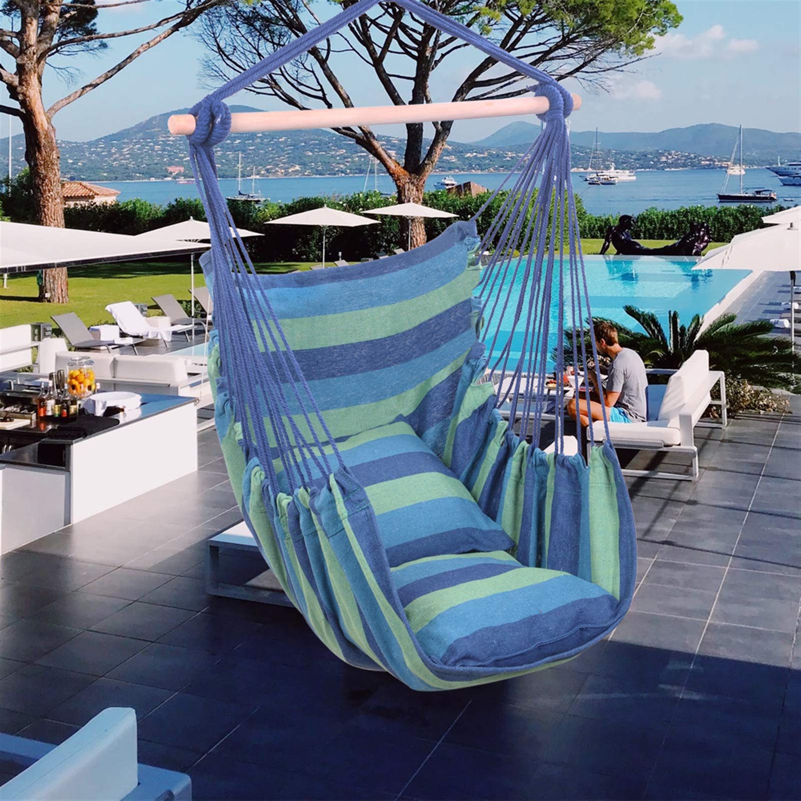 Beige Tassel Hanging Chair with Cushions - Indoor/Outdoor Hammock Swing for Bedroom, Garden, Yard, Patio & Porch - Perfect Relaxation & Boho Decor (Blue)