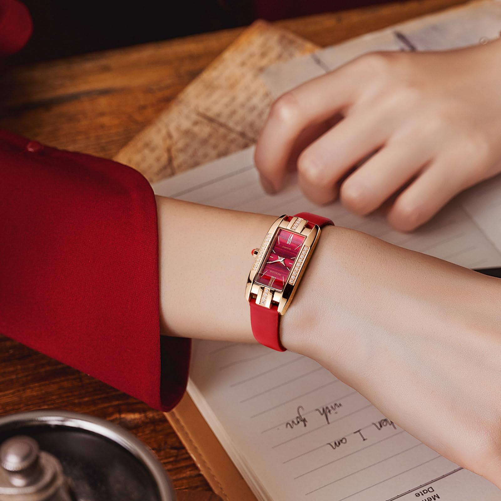 Elegant Women's Fashion Watch with Green/Red Dial & Leather Strap - Quartz Analog Dress Watch, Waterproof & Diamond Accent - Perfect for Office, Party & Casual Wear (Model RW0209S)